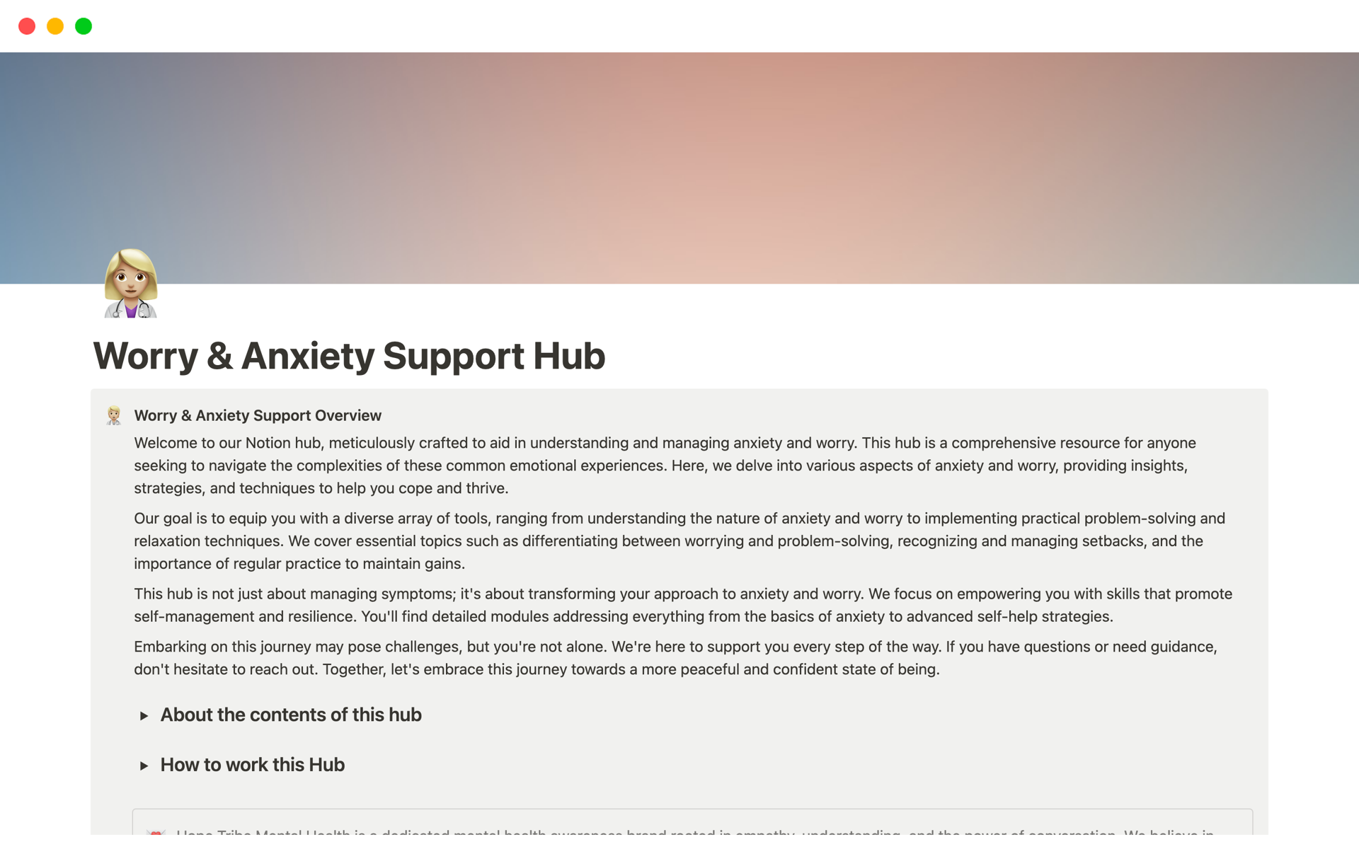 En förhandsgranskning av mallen för Worry & Anxiety Support Hub