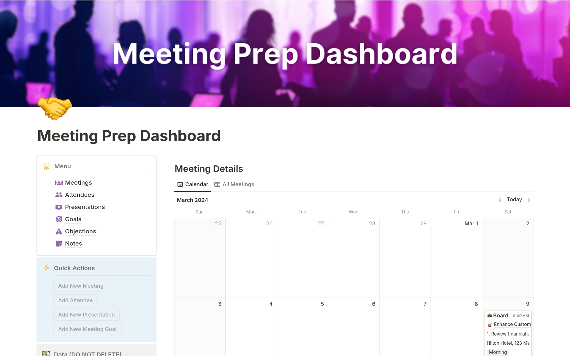 Transform the way you prepare for crucial meetings with our Business Meeting Preparation Template. Streamline organization, coordination, and goal achievement to make every meeting a success.