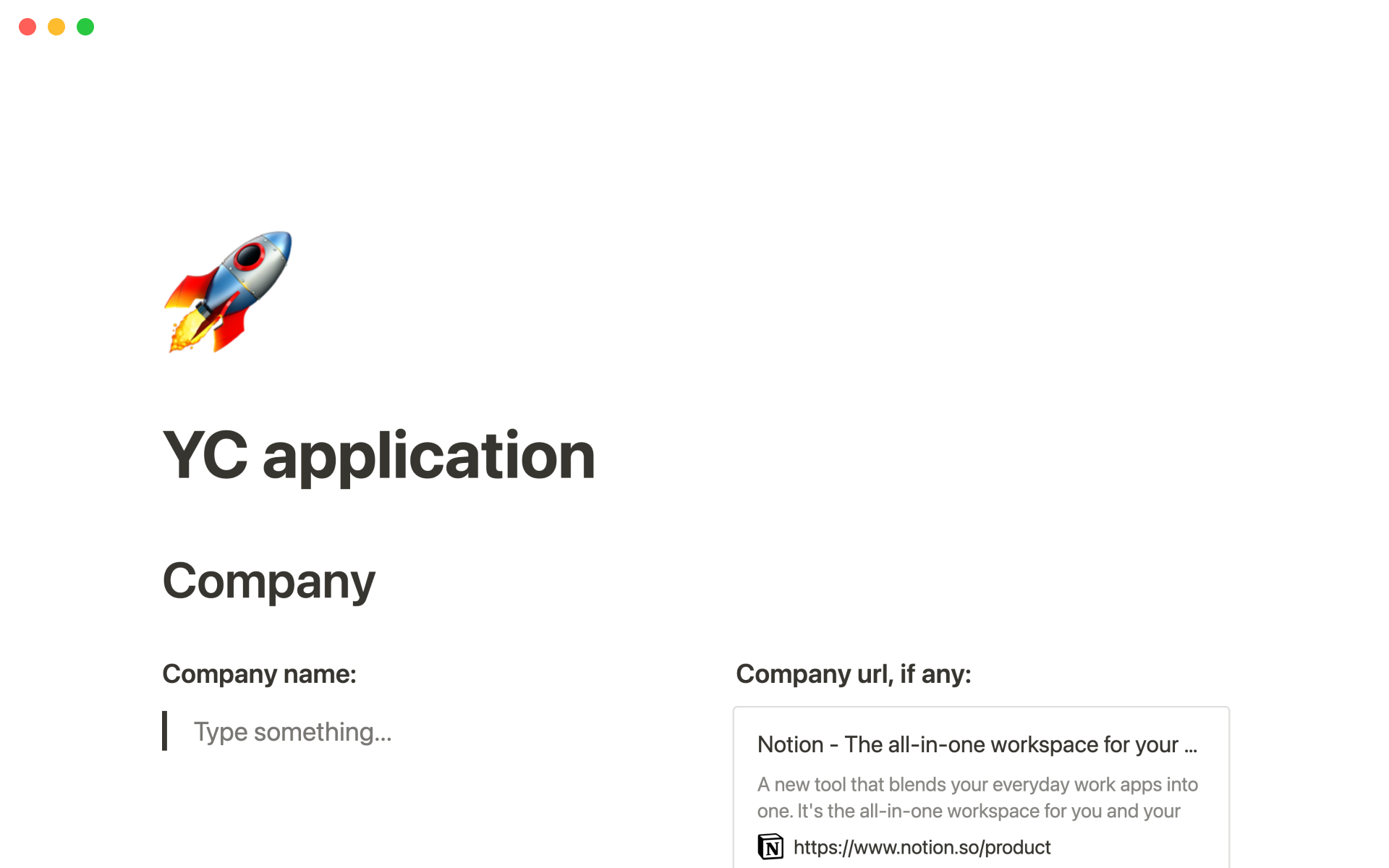 Template for the Y Combinator application form.