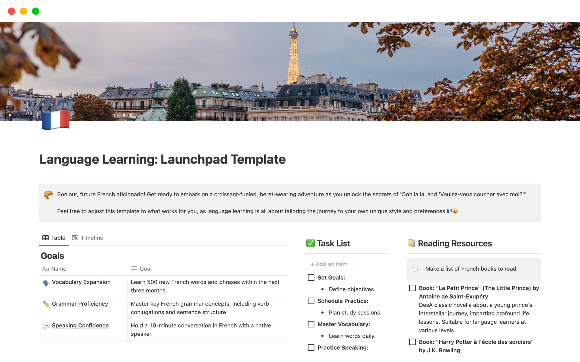 Language Launchpad: Learning Template - Your French rocket to fluency with goal tracking, habit tracking, vocabulary database, to-do lists, notes, reminders, and web link bookmarks!" 🚀🇫🇷🌟