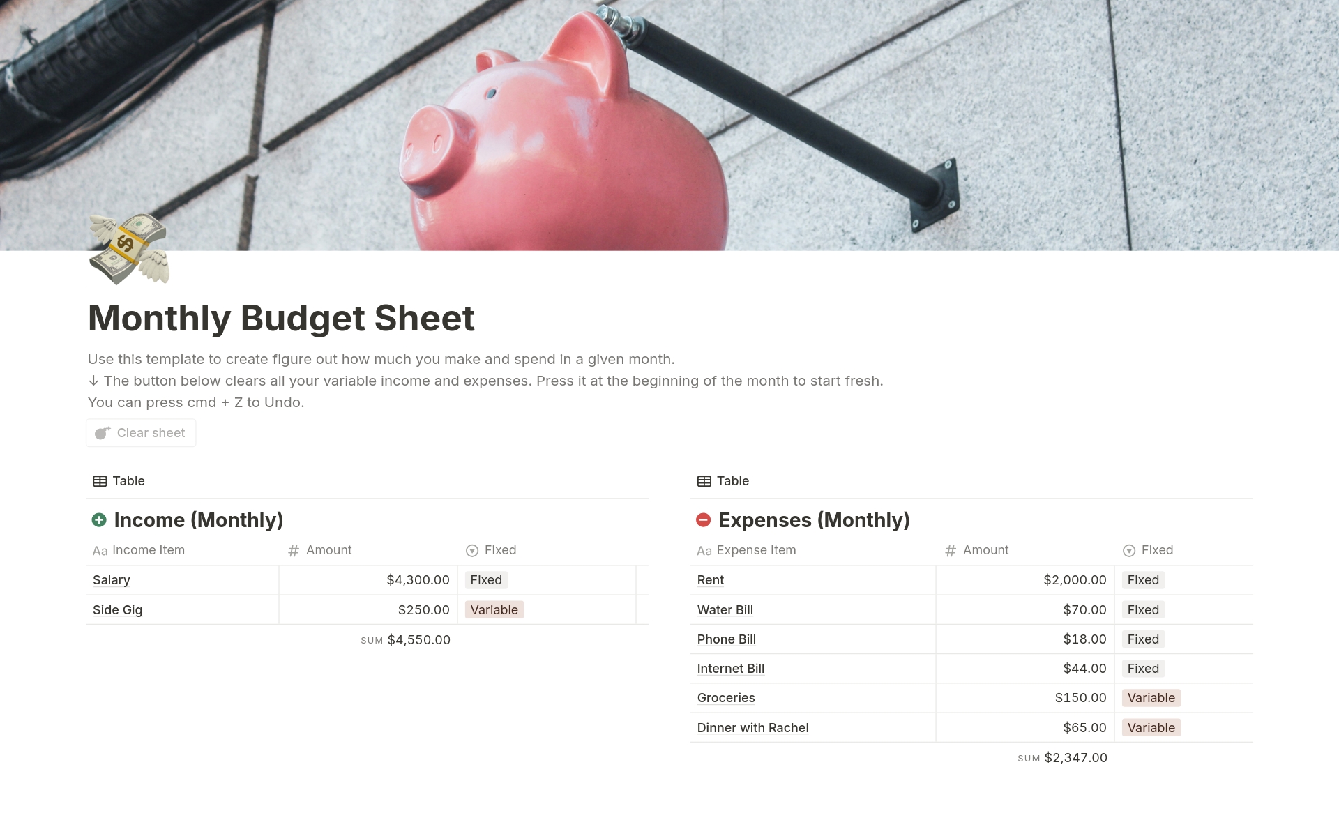 A template preview for Monthly Budget Sheet