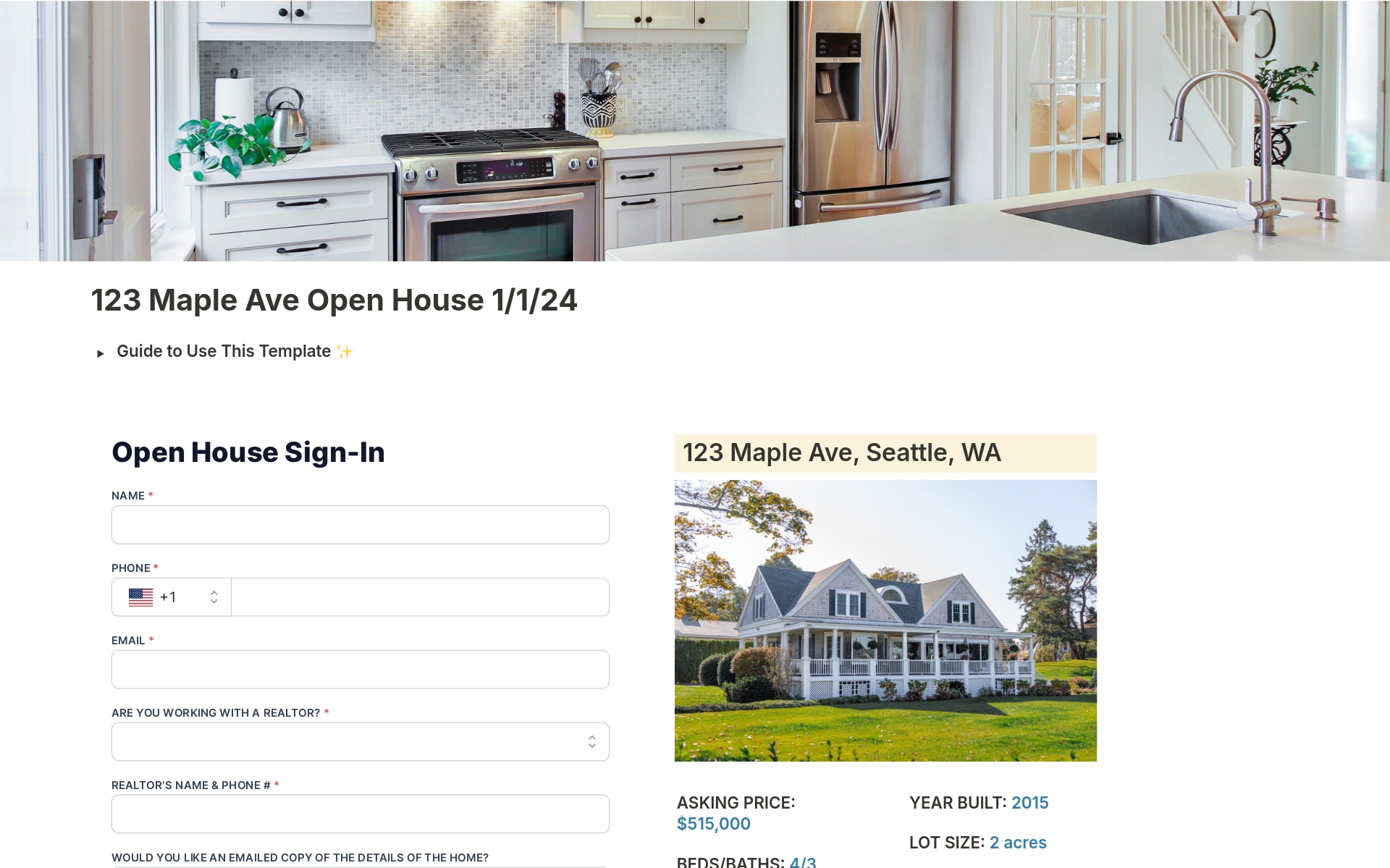 A template preview for Real Estate Open House Management System