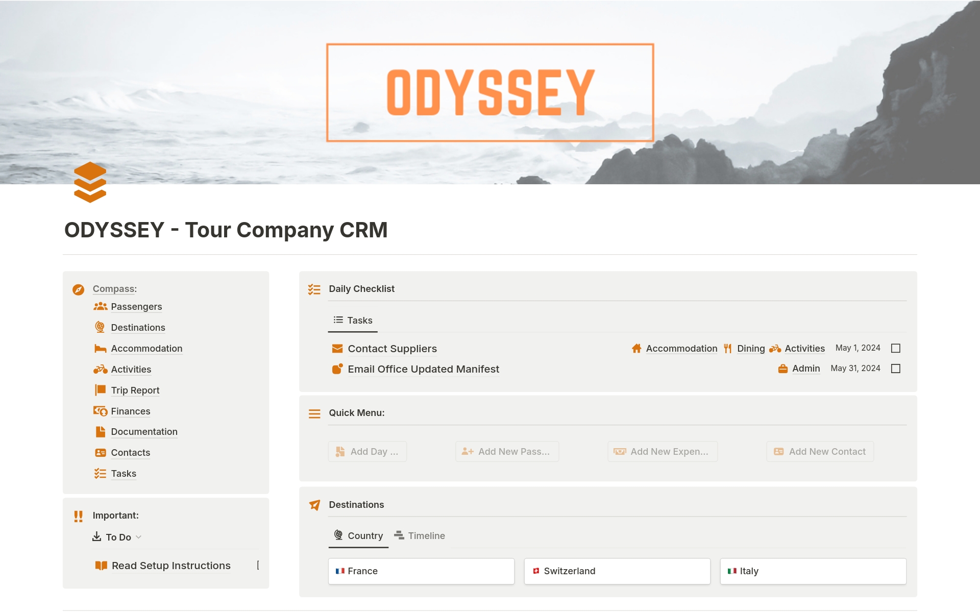 A template preview for ODYSSEY: A Tour Company CRM