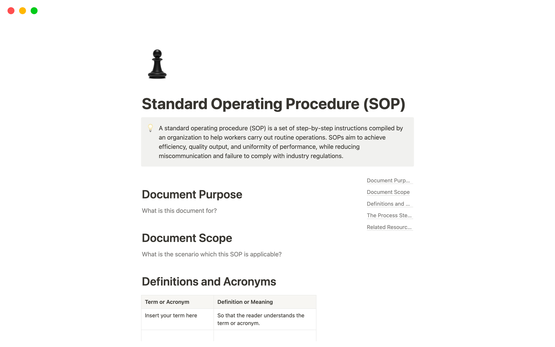 A template preview for Standard Operating Procedure (SOP)
