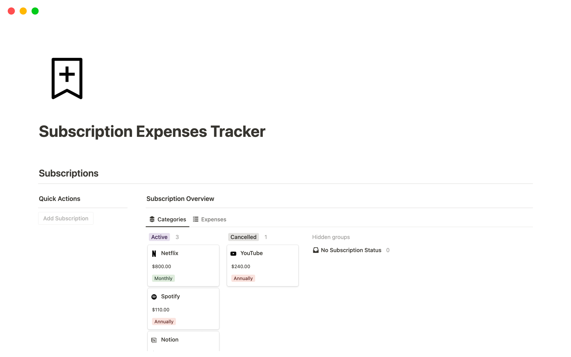 A template preview for Subscription Expenses Tracker