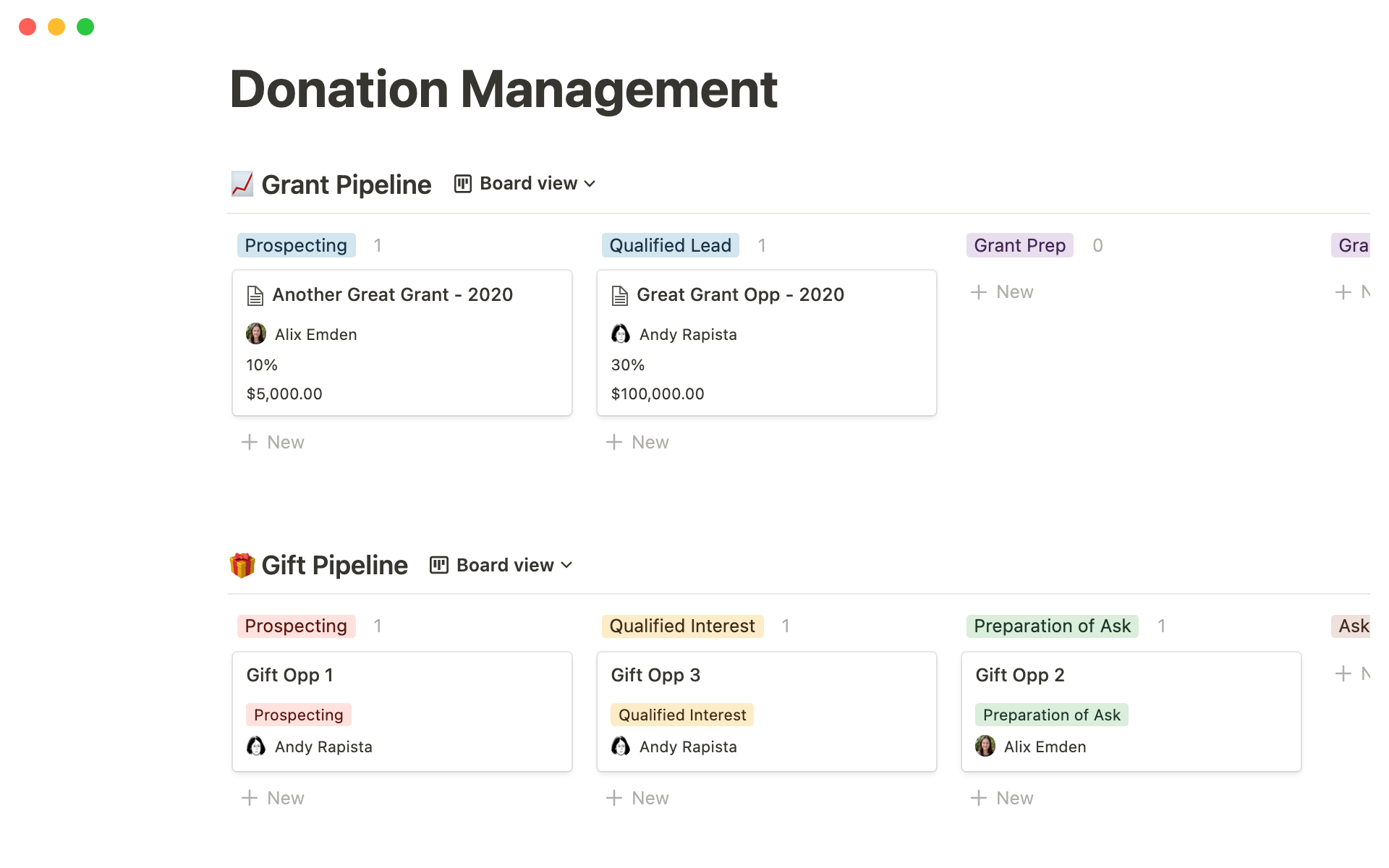 Manage your nonprofit's grant and gift pipelines in this donation management template.
