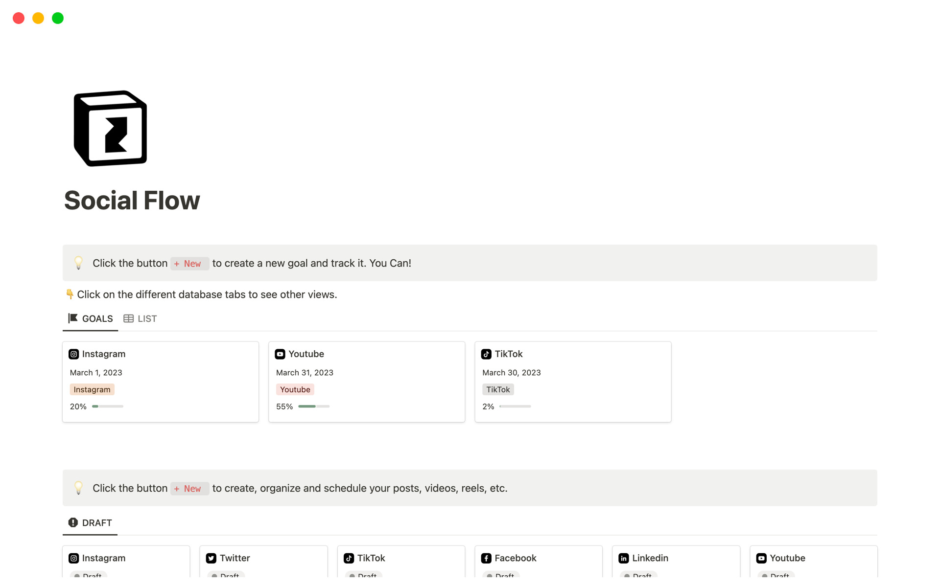 A template preview for Social Flow