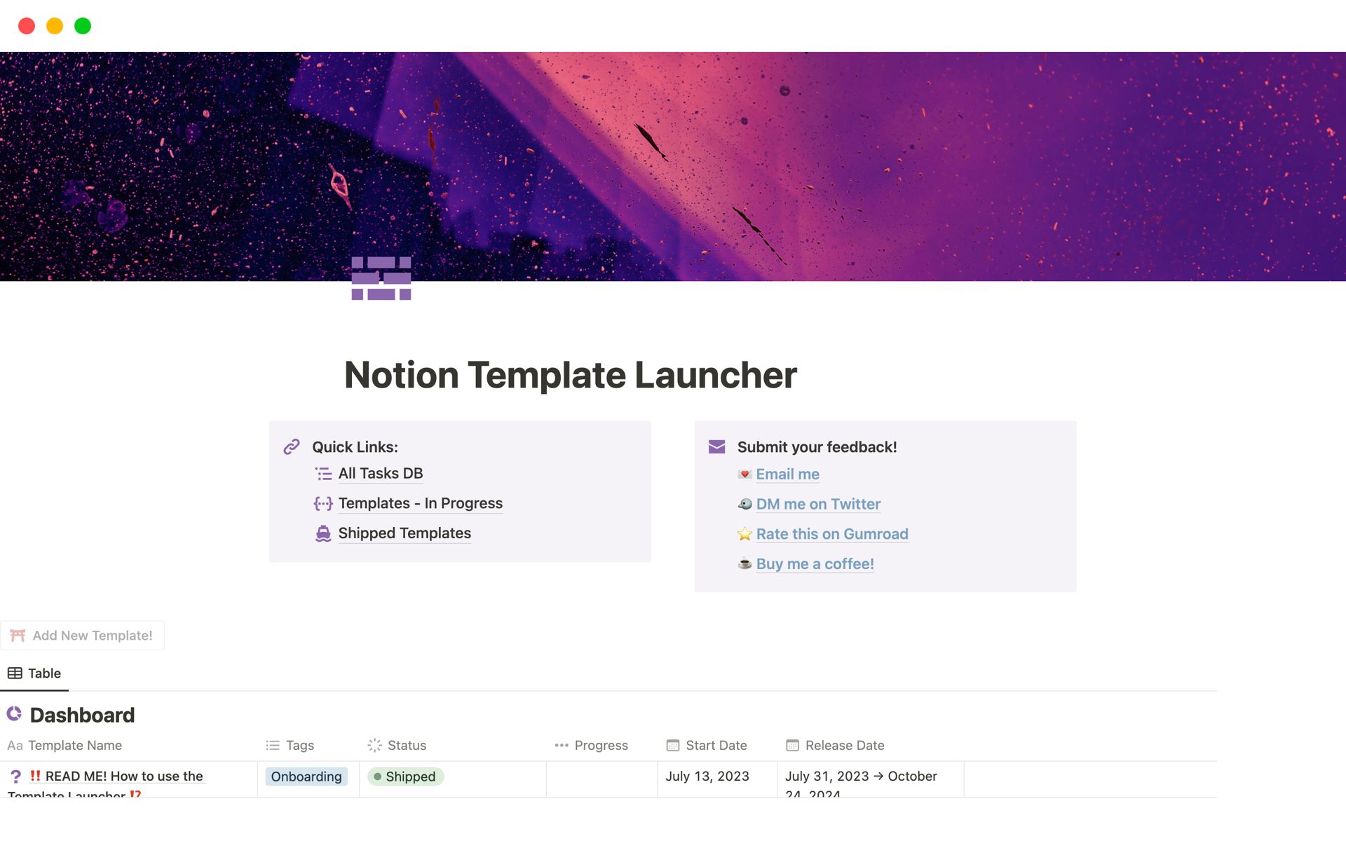 A template preview for Notion Template Launcher