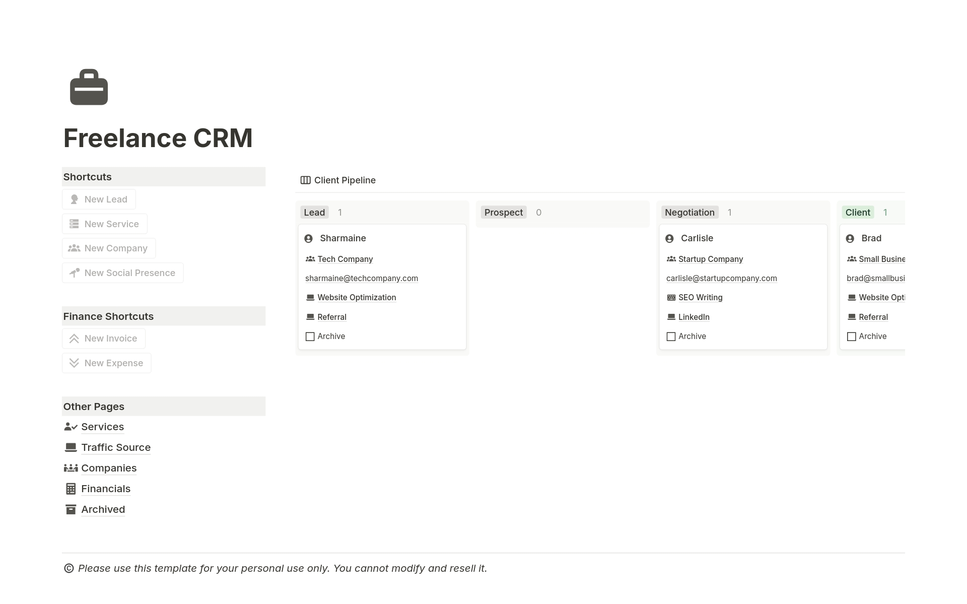 A template preview for Freelance CRM