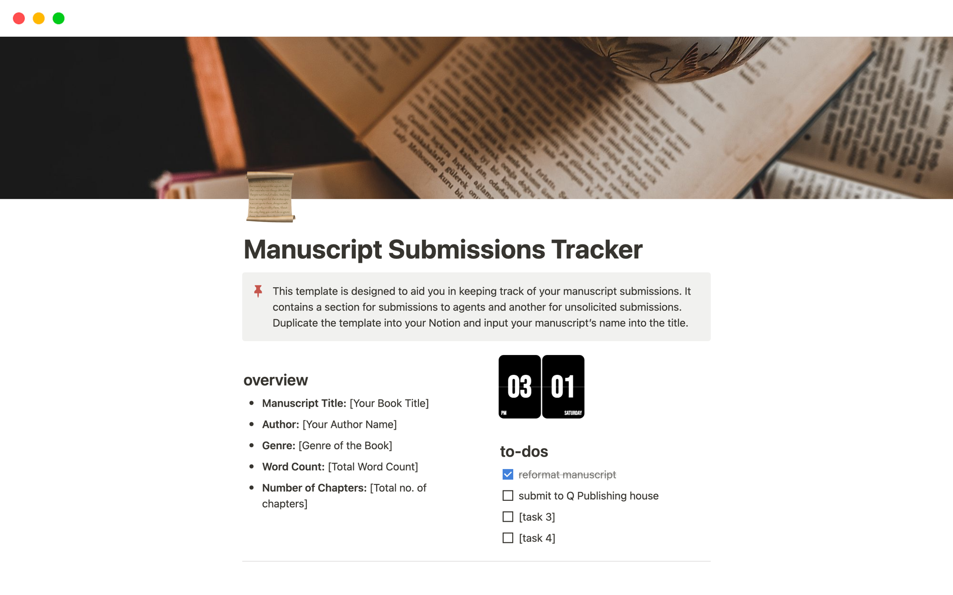 En forhåndsvisning av mal for Manuscript Submissions Tracker
