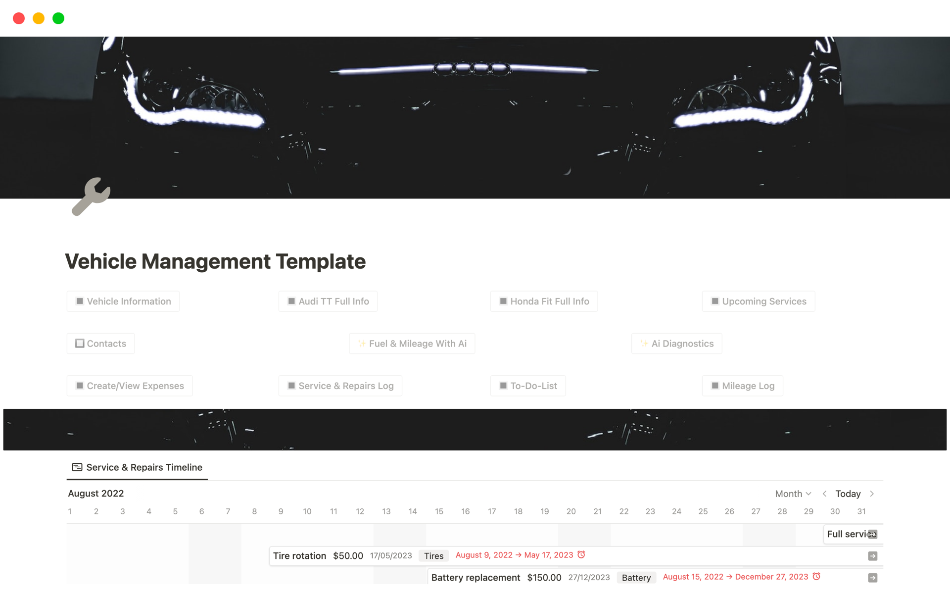 A template preview for Vehicle Management Template