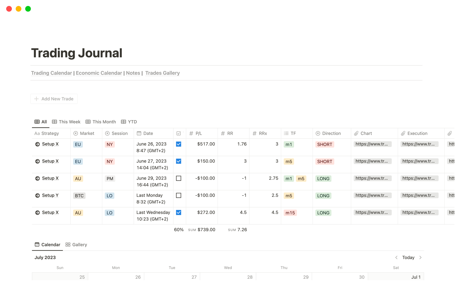 A template preview for The Trading Journal