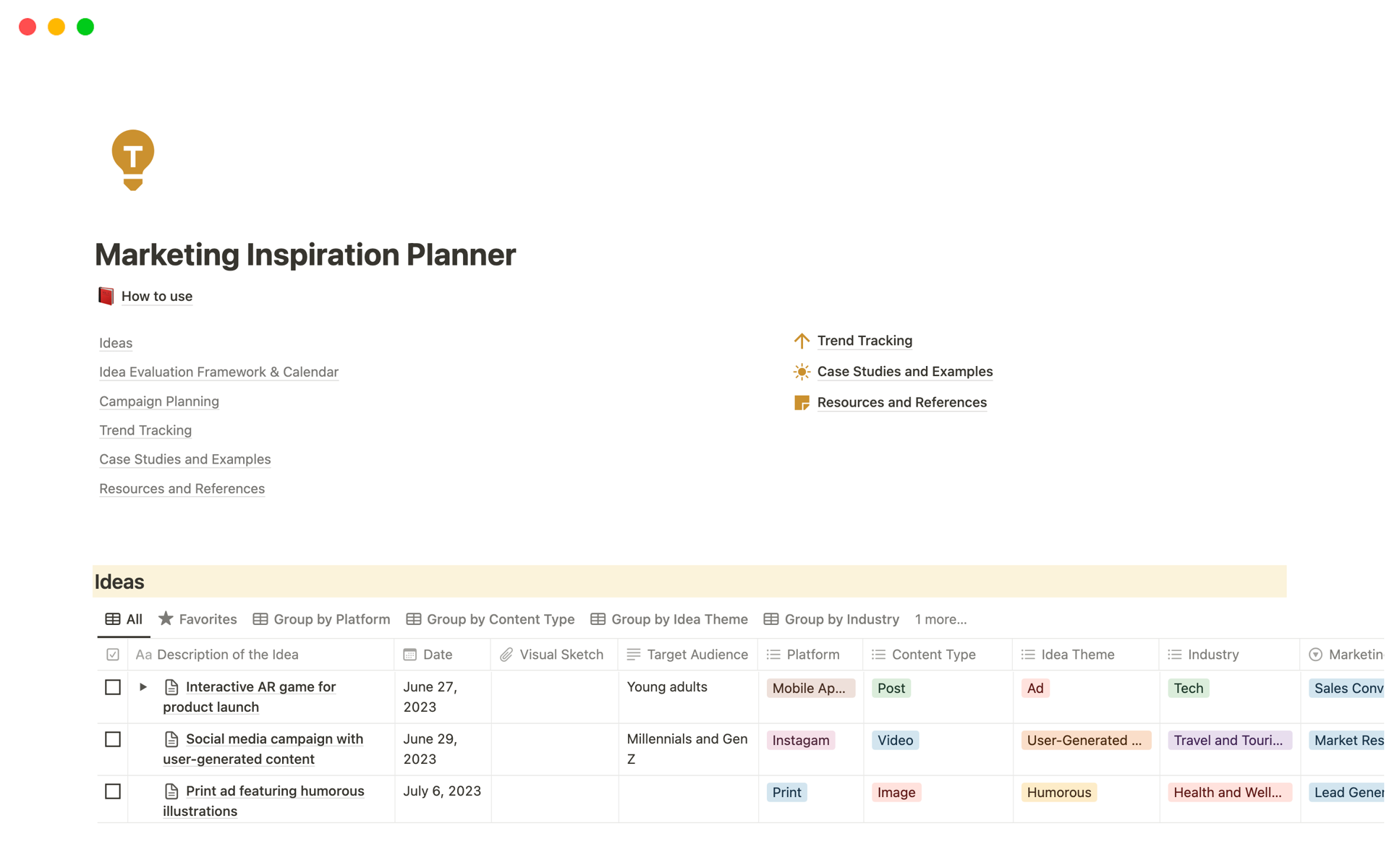 A template preview for Marketing Inspiration Planner