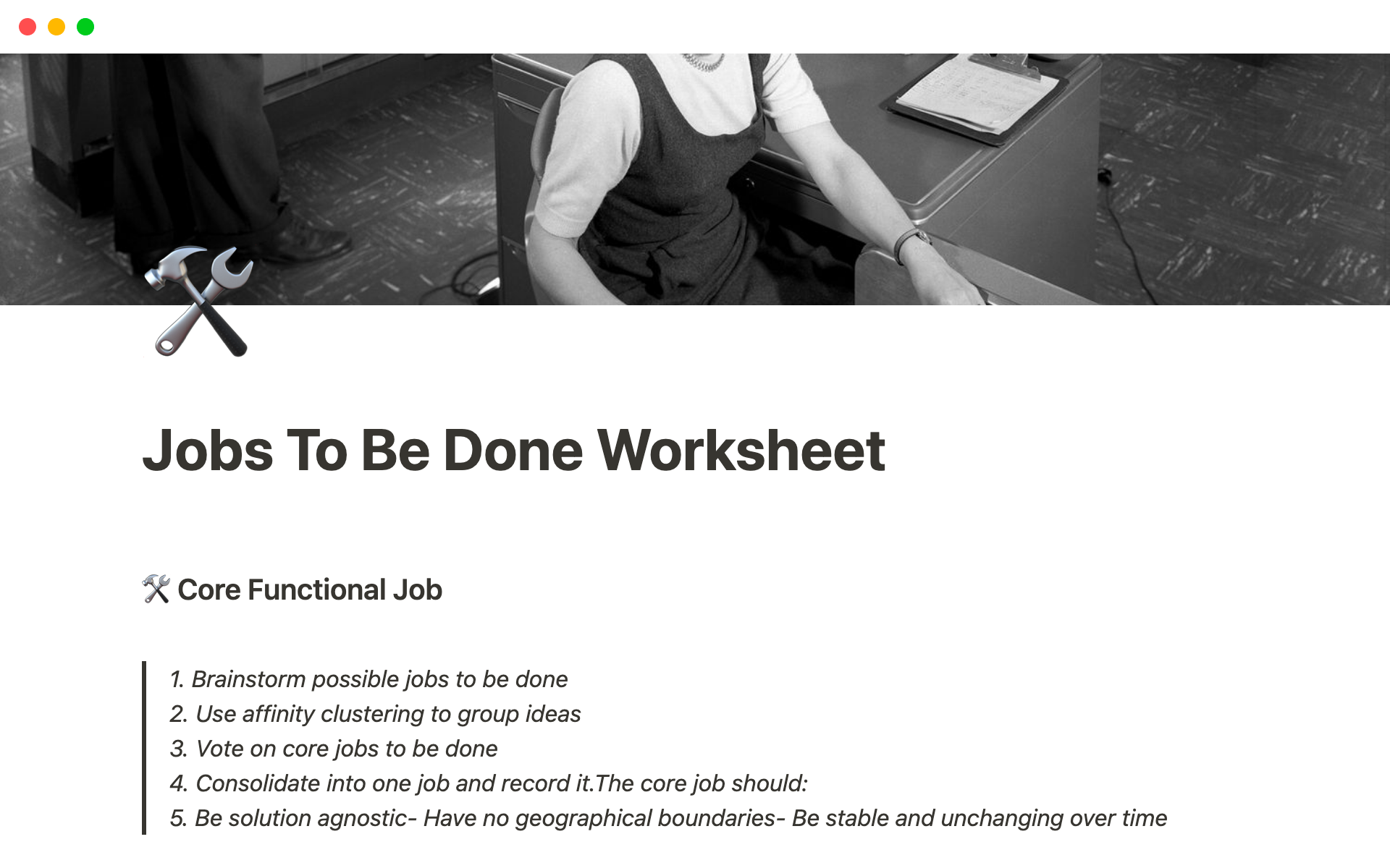 A template preview for Jobs To Be Done Worksheet