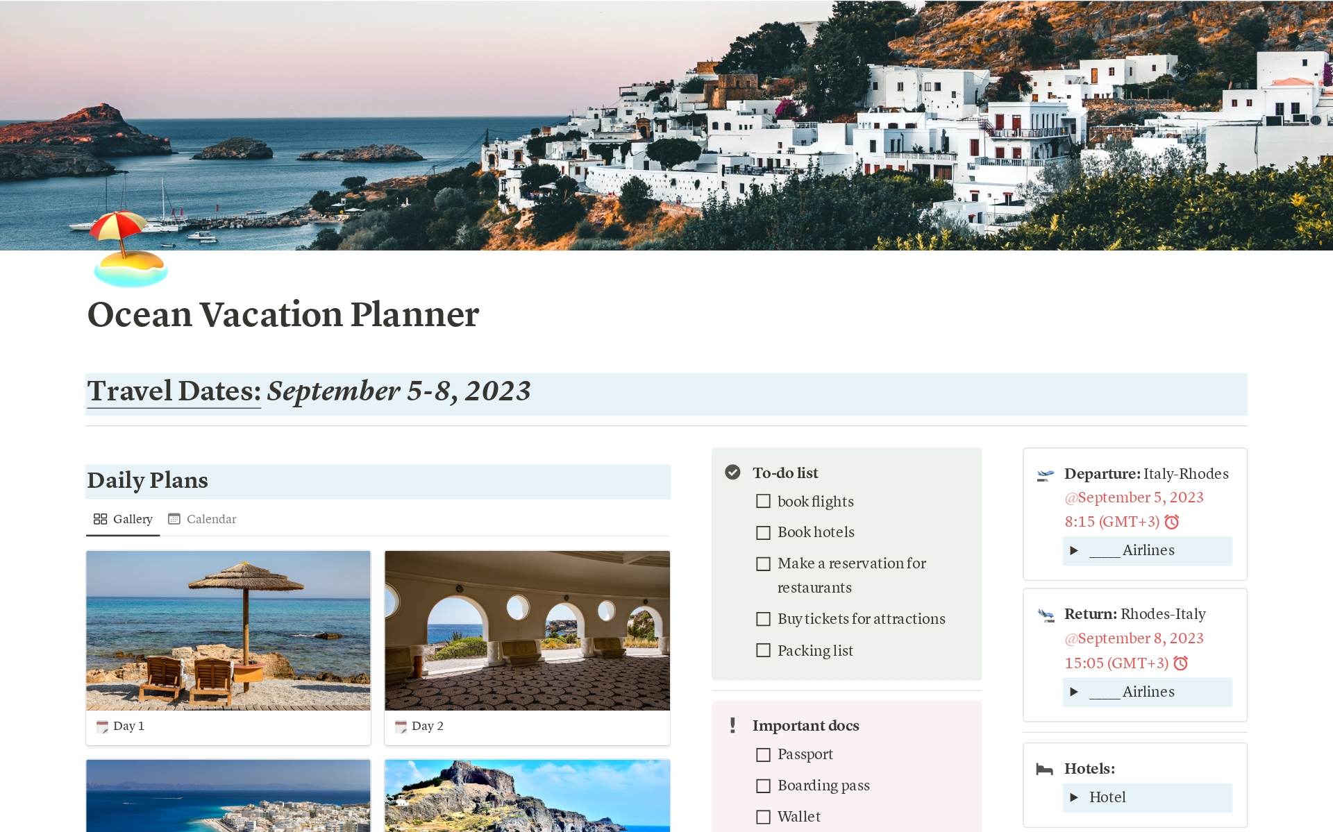 A template preview for Ocean Vacation Planner