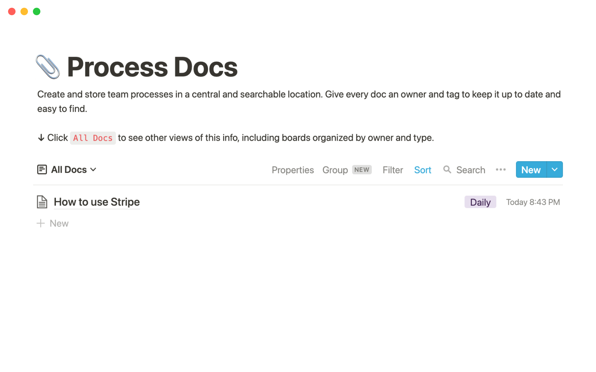 A template preview for Process docs