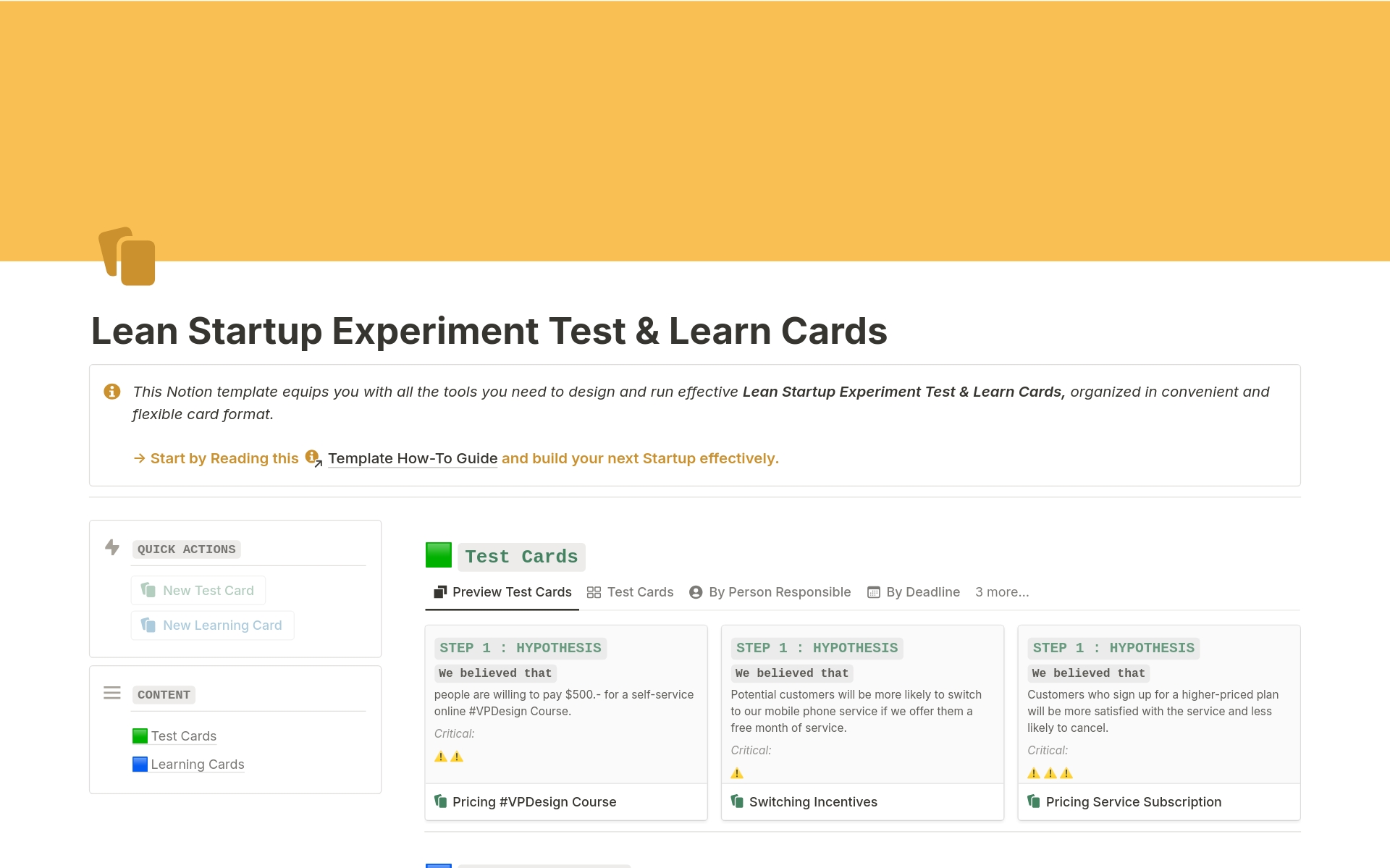A template preview for Lean Startup Experiment Test & Learn Cards