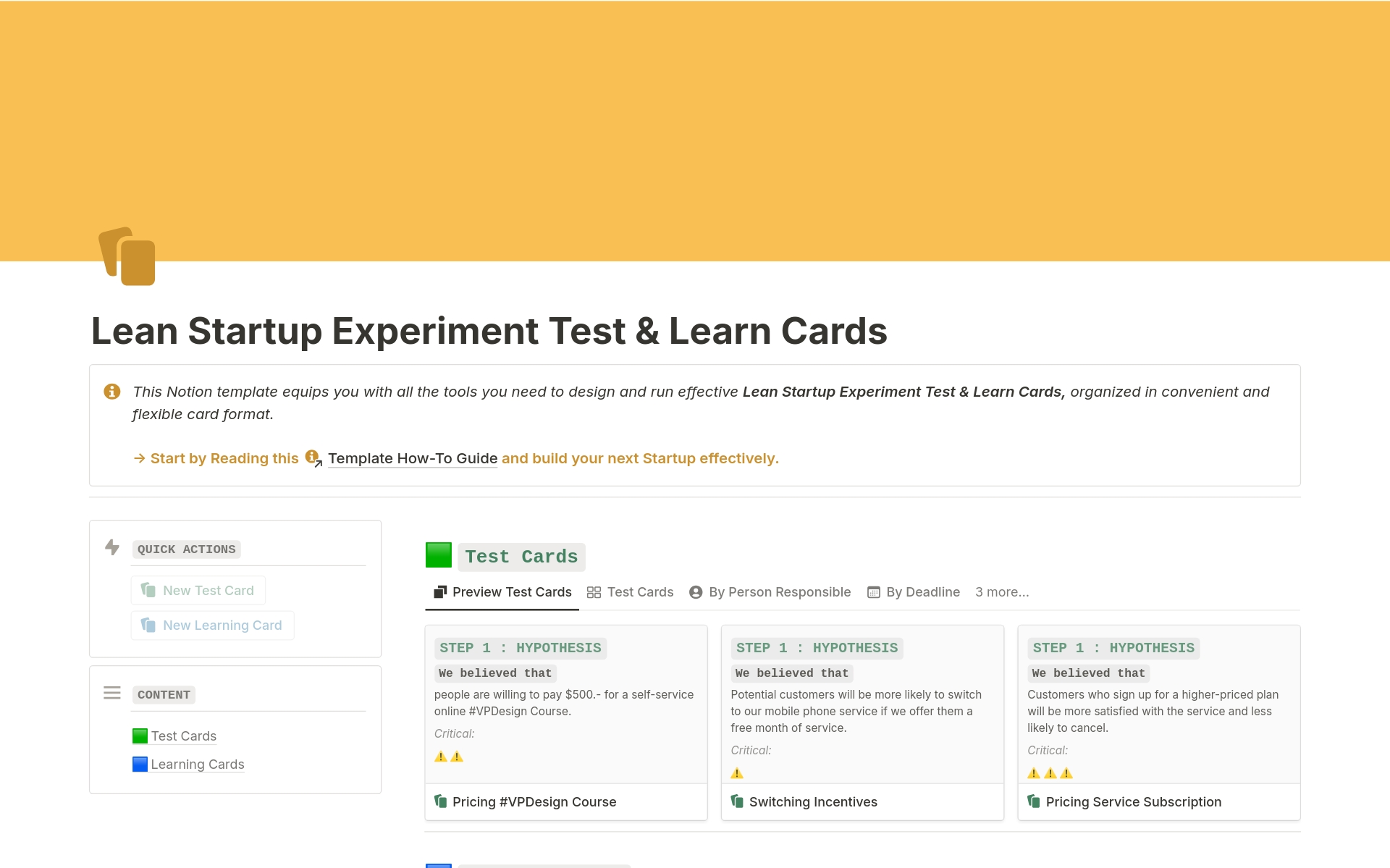 Uma prévia do modelo para Lean Startup Experiment Test & Learn Cards