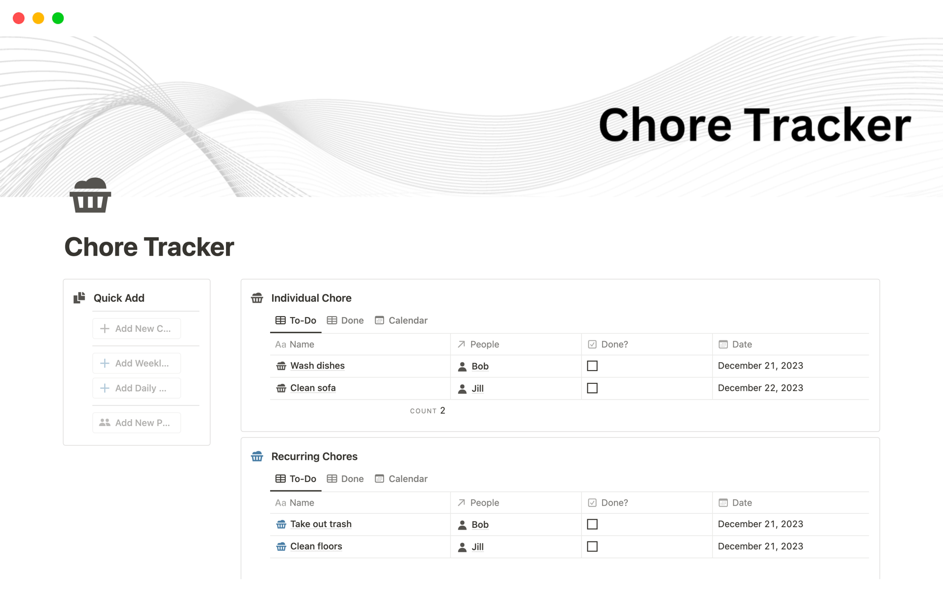 A template preview for Family Chore Tracker