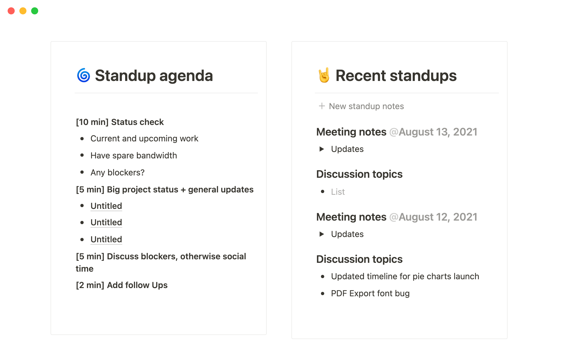 A template preview for Mixpanel's daily standup & tasks