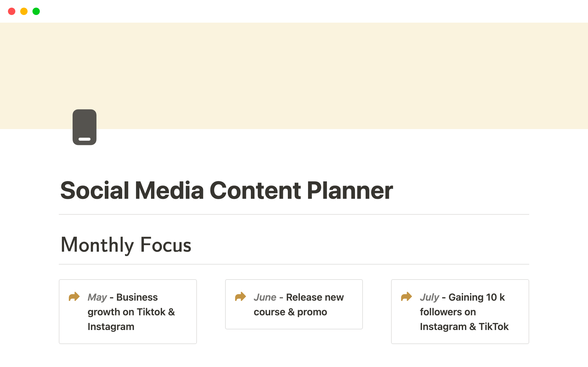 Uma prévia do modelo para Social Media Content Planner