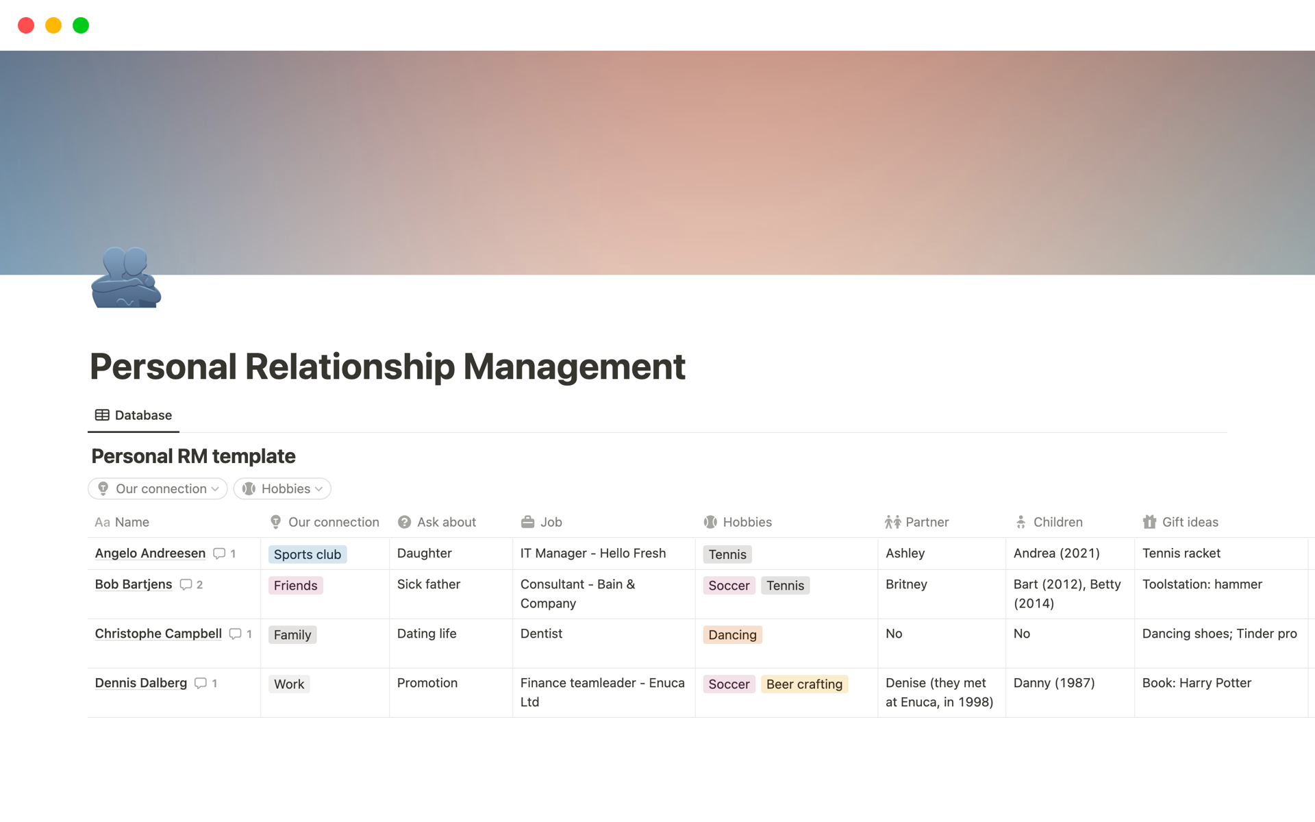 A template preview for Personal Relationship Management (PRM)