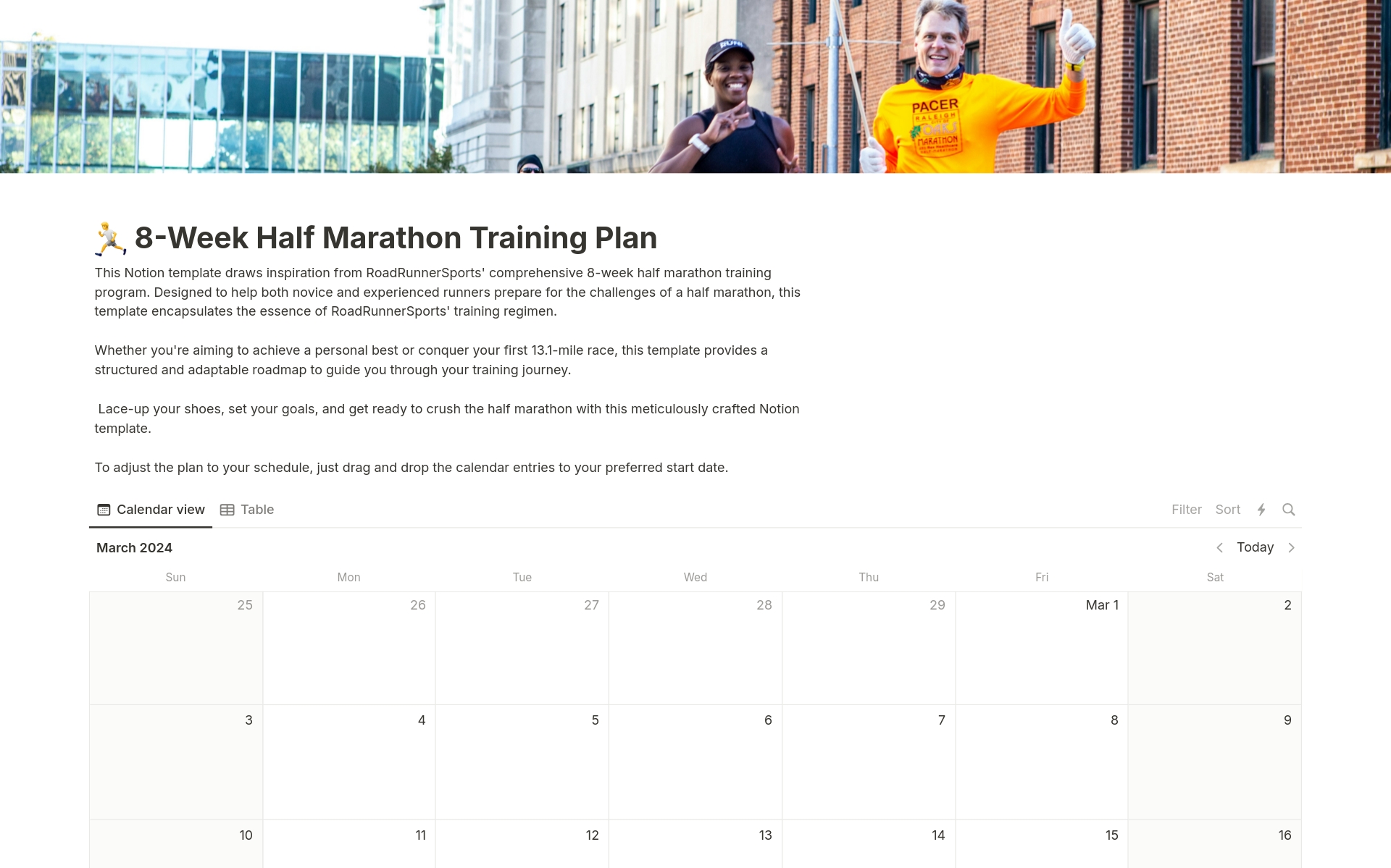 8-Week Half Marathon Training Planのテンプレートのプレビュー