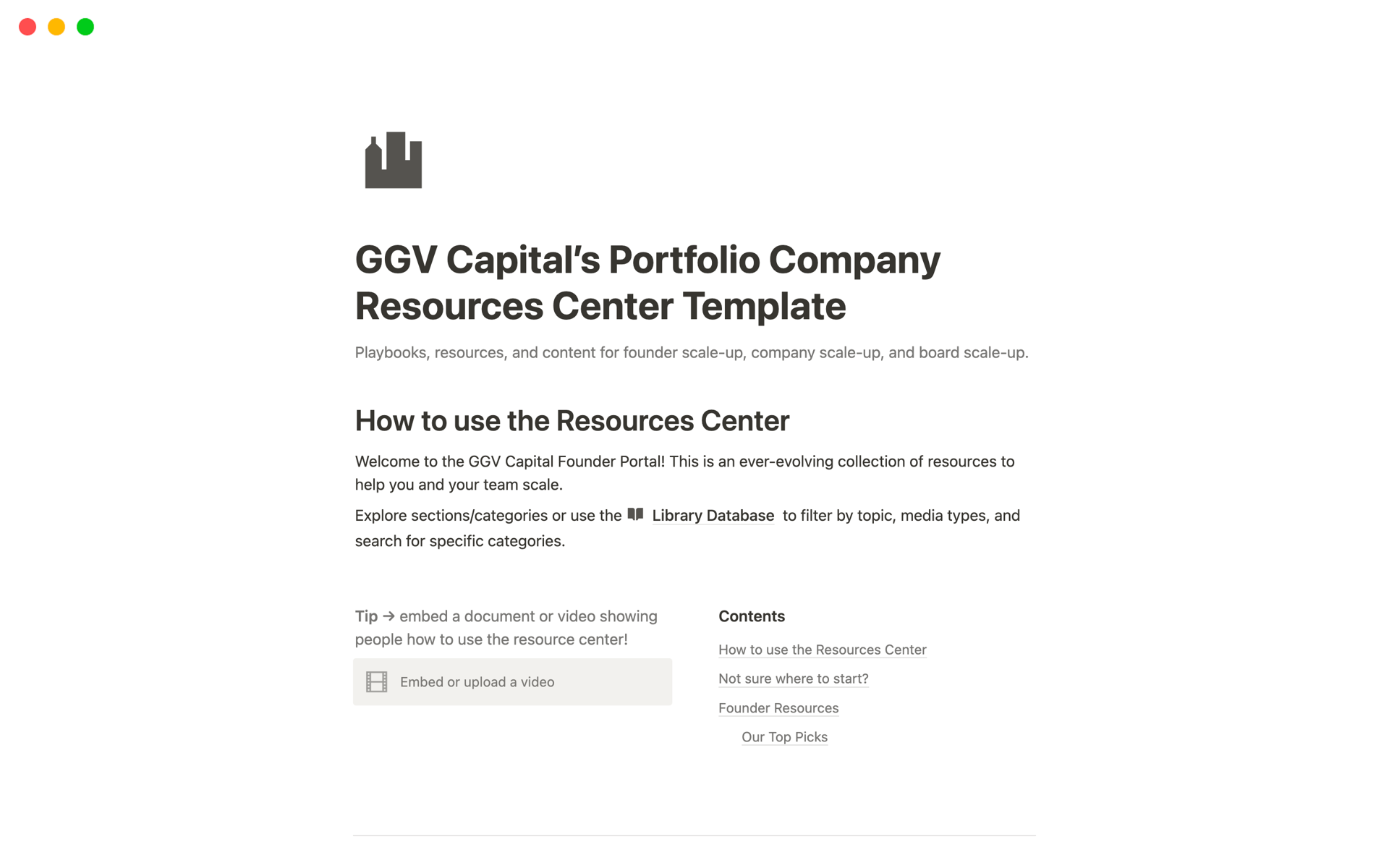 A template preview for Portfolio Company Resources Center