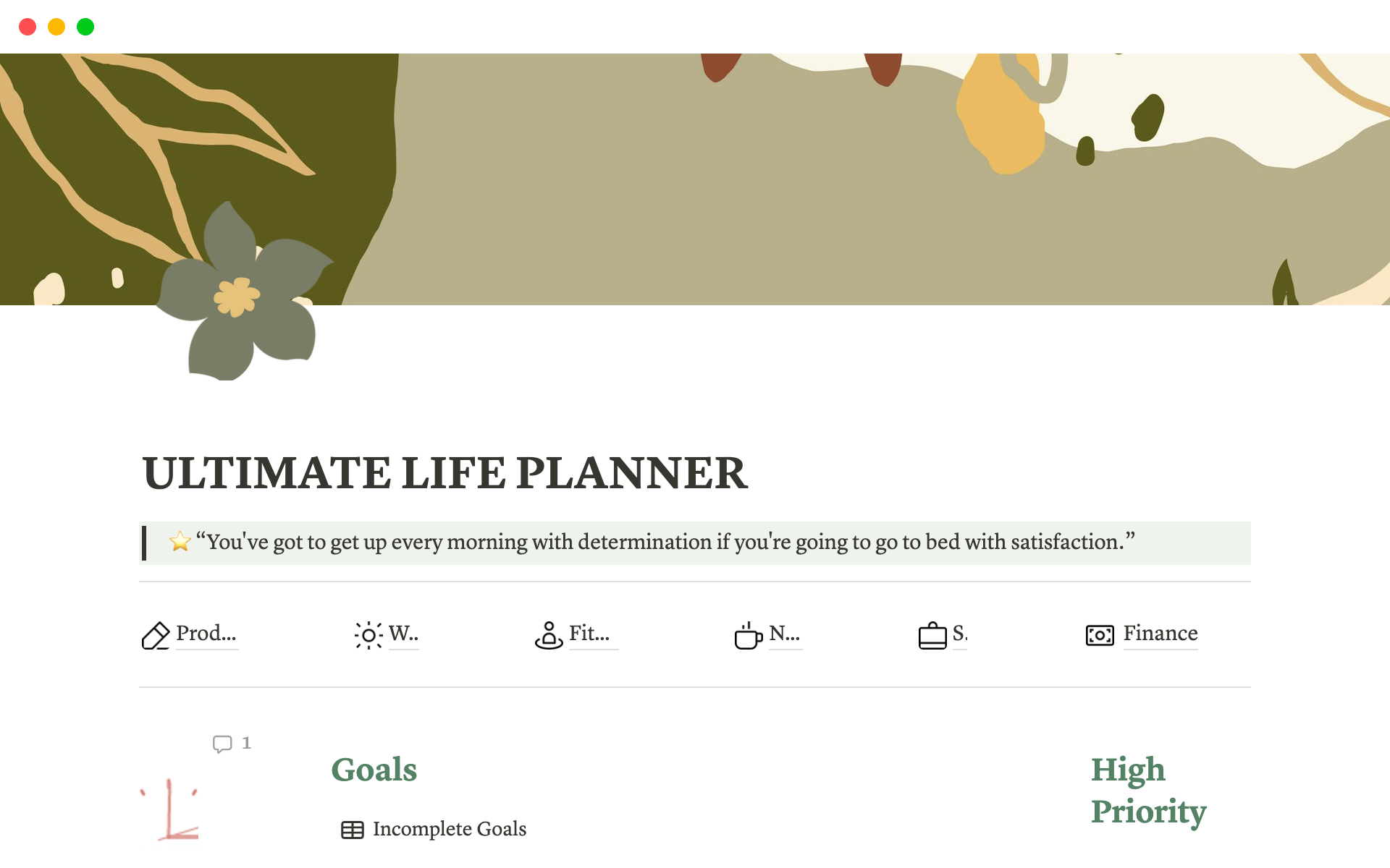 Uma prévia do modelo para Ultimate Life Planner Notion Template