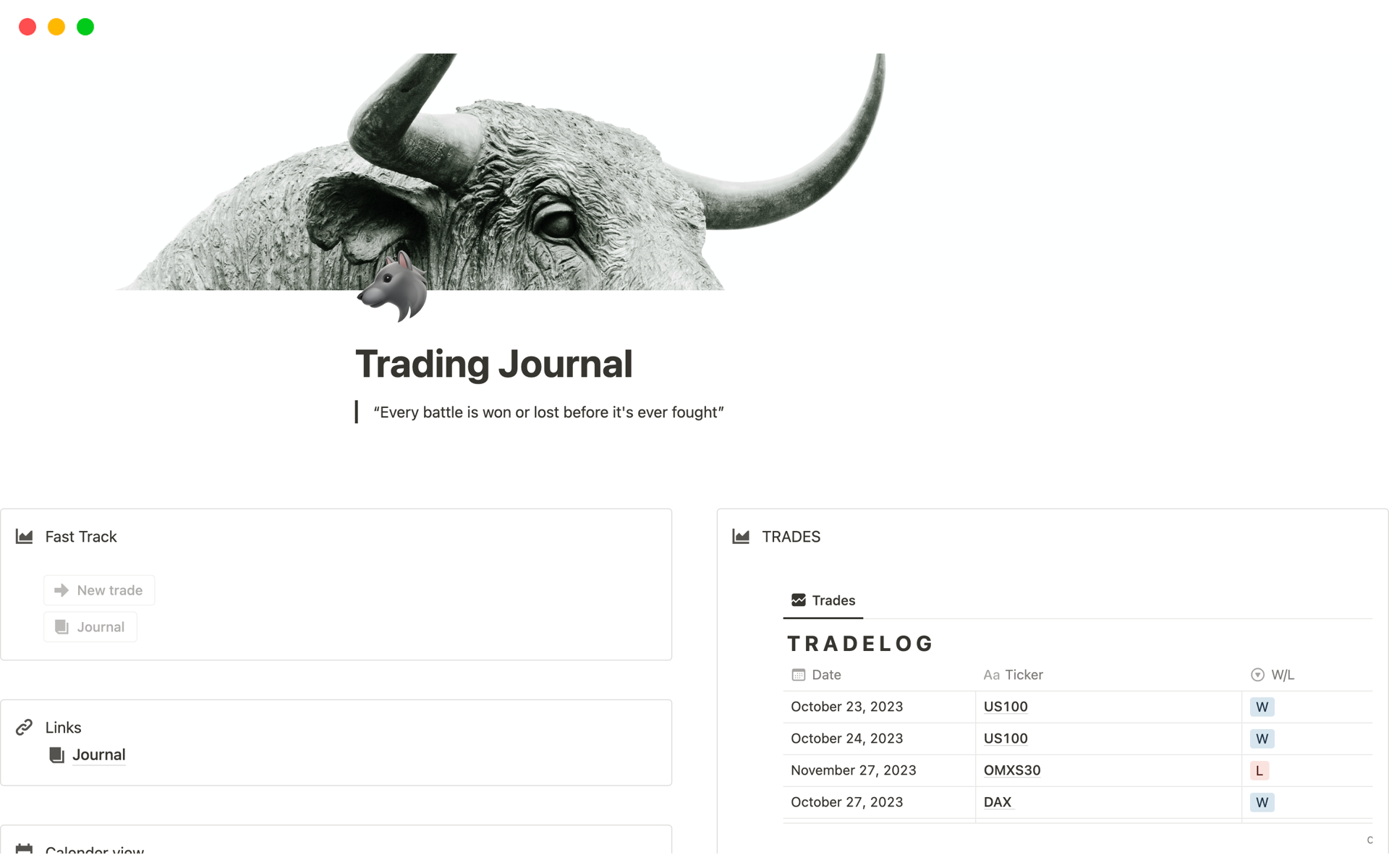 A template preview for Trading Journal