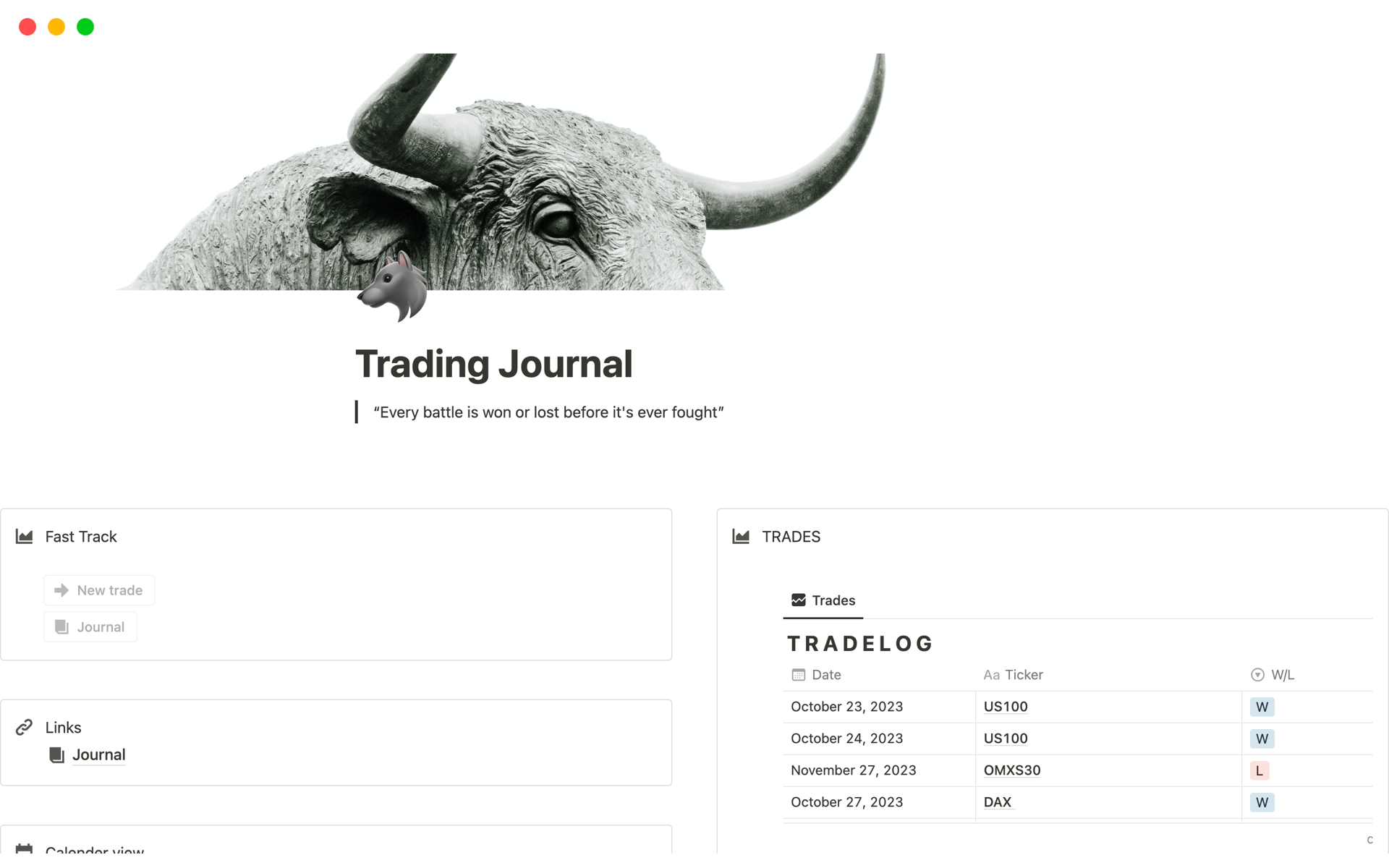 Aperçu du modèle de Trading Journal