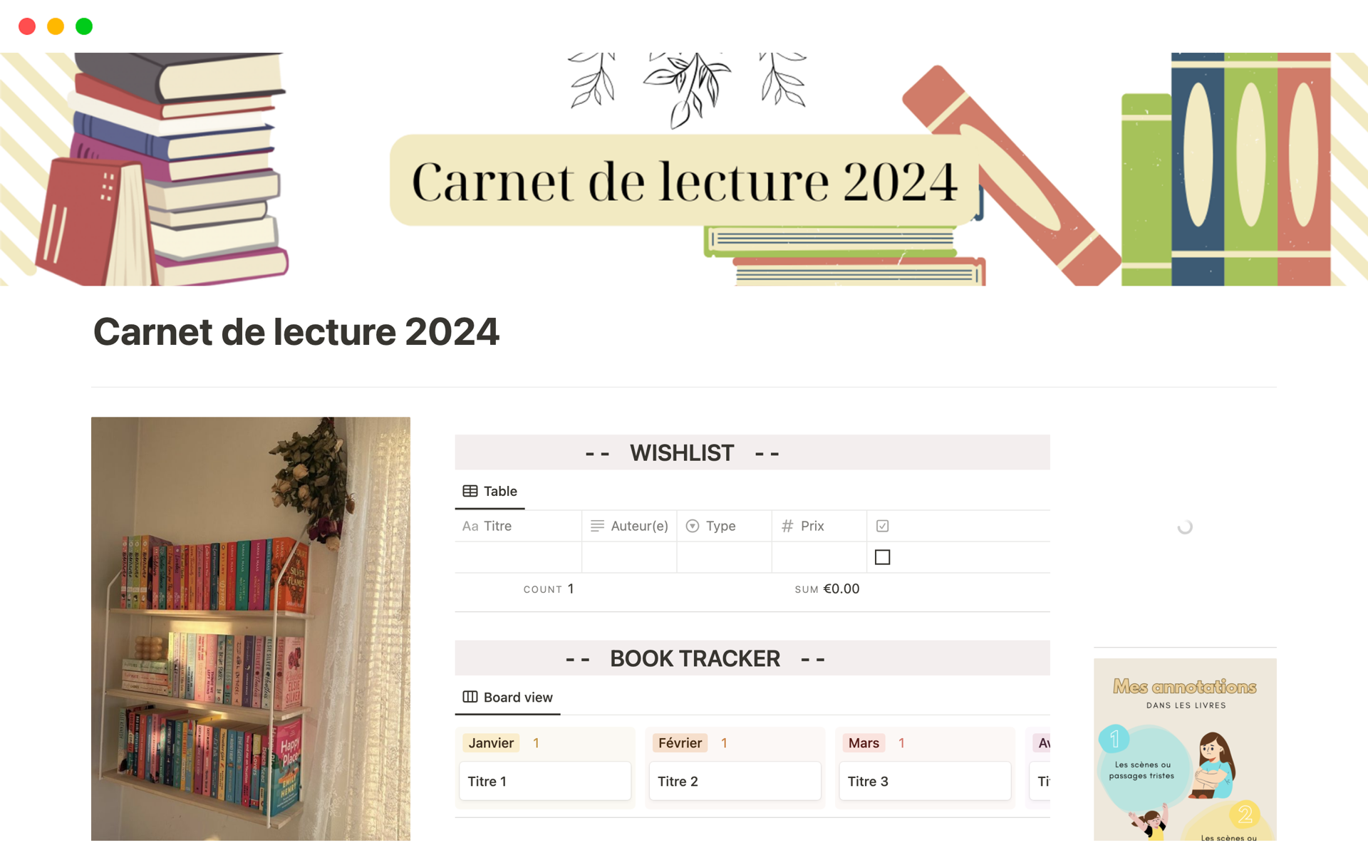 A template preview for Carnet de lecture 2024