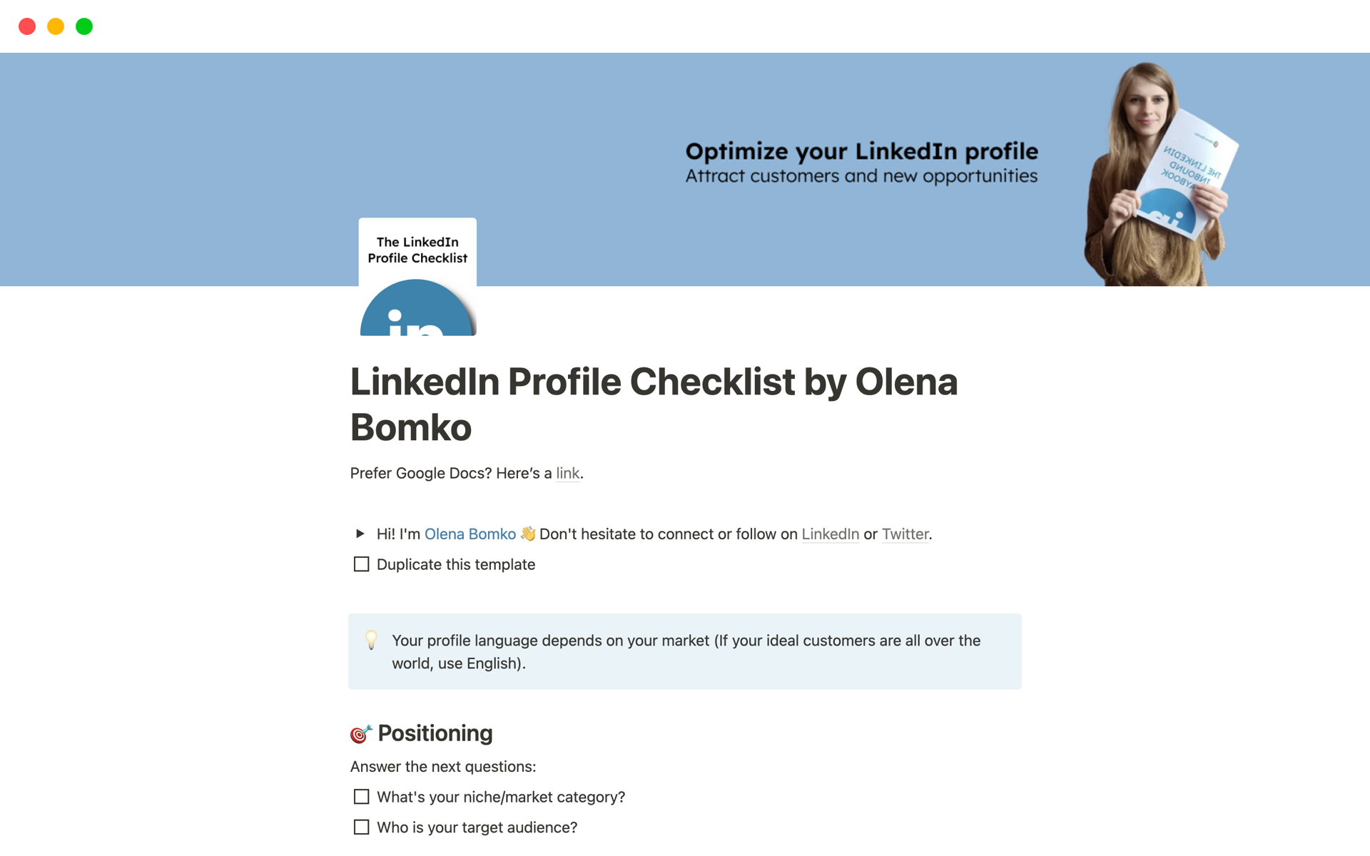 En förhandsgranskning av mallen för LinkedIn Profile Checklist by Olena Bomko