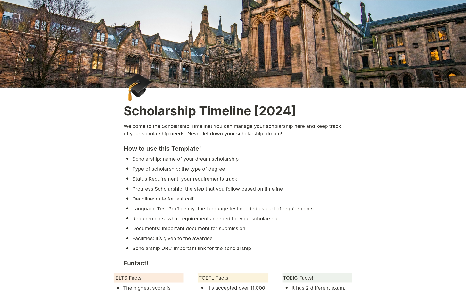 A template preview for ✨Scholarship Timeline [2024]