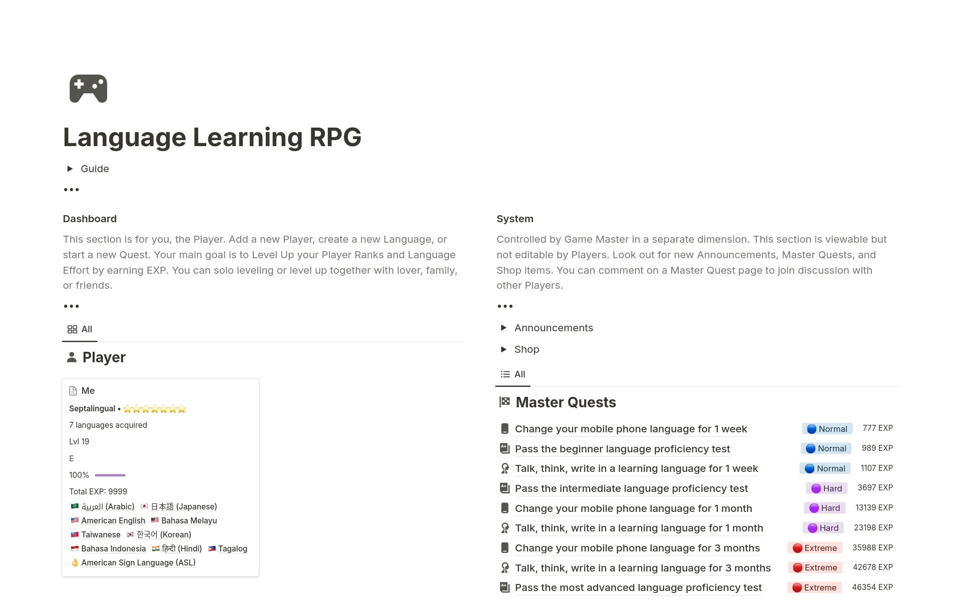 LLRPG is a simple yet practical language-learning productivity game system in Notion.