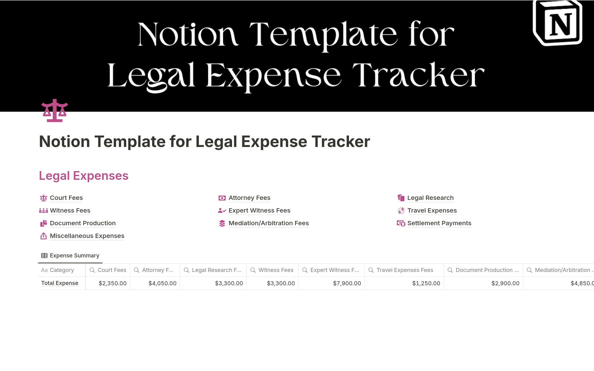 Eine Vorlagenvorschau für Legal Expense Tracker