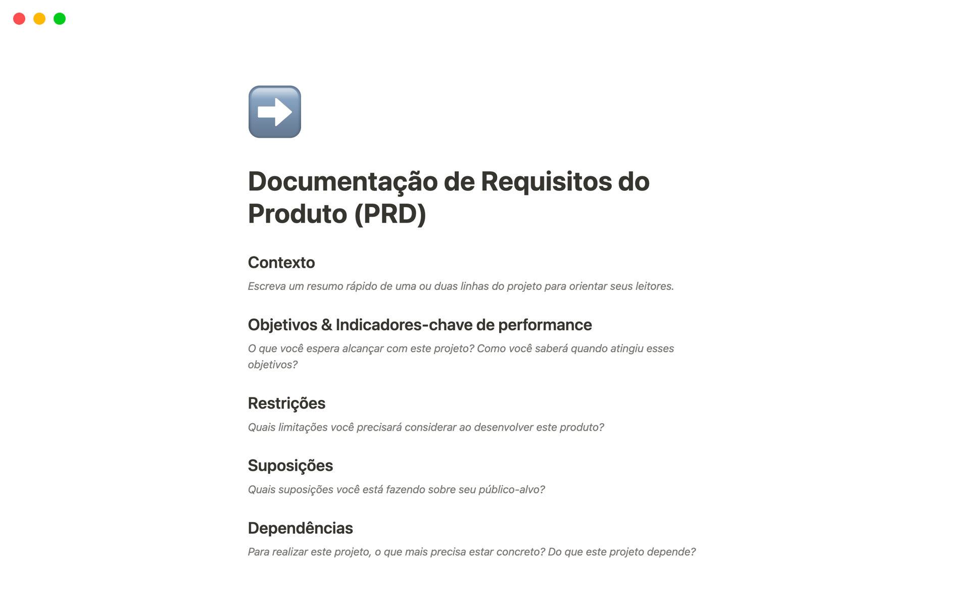 Uma prévia do modelo para Documentação de Requisitos do Produto (PRD)