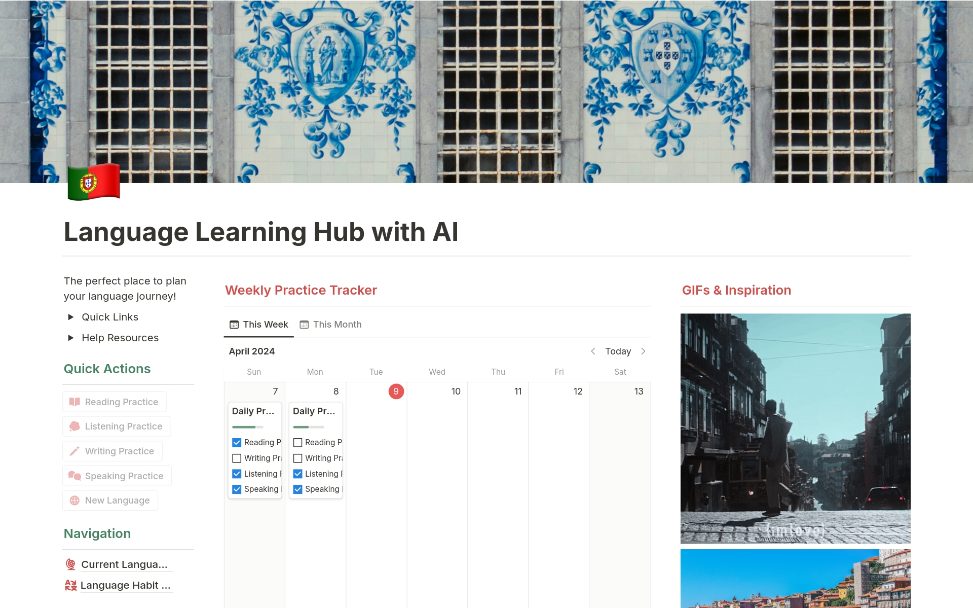 A template preview for Language Learning Hub (w/ Notion AI)