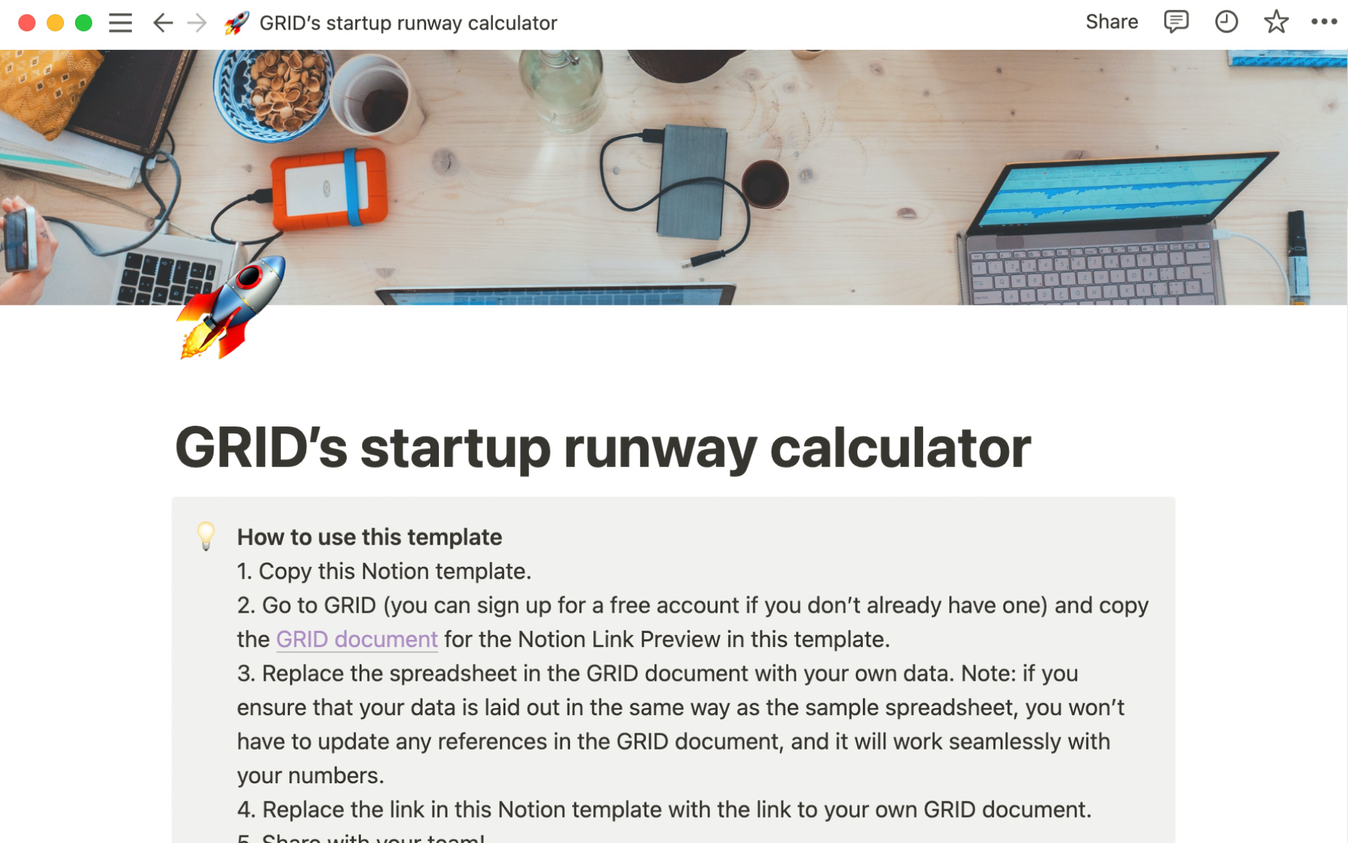 A template preview for GRID’s startup runway calculator