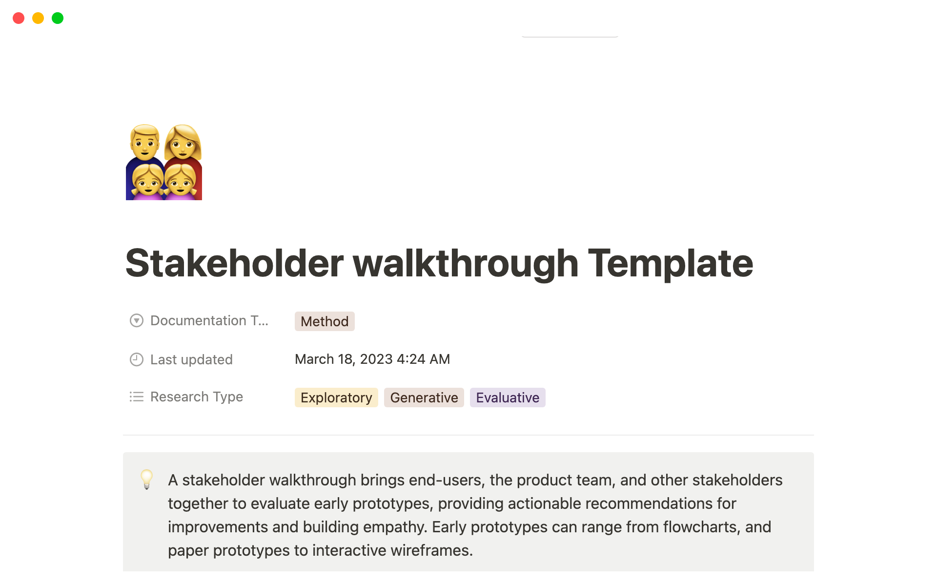 Uma prévia do modelo para Stakeholder Walkthrough Template