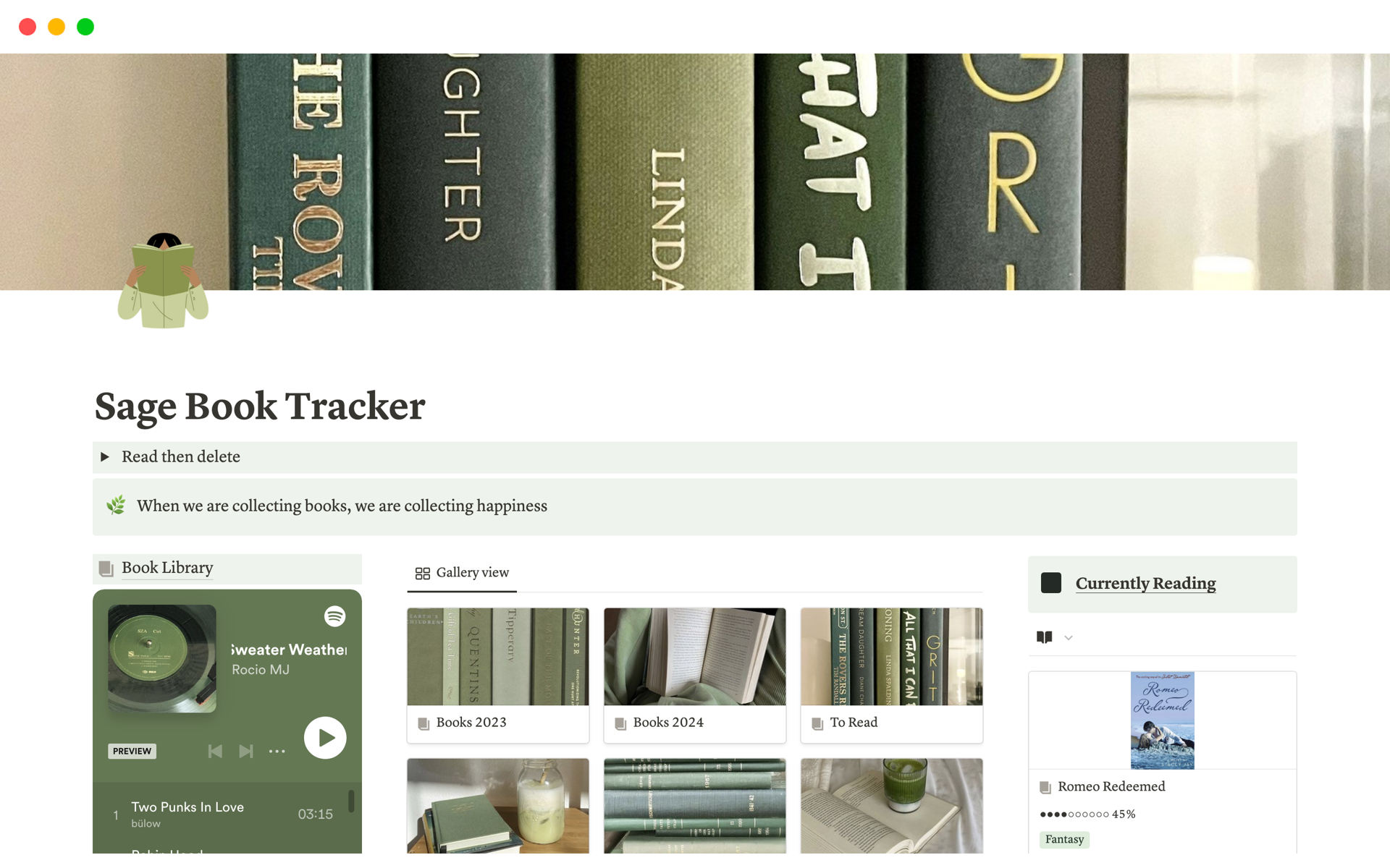 Vista previa de plantilla para Sage Book Tracker