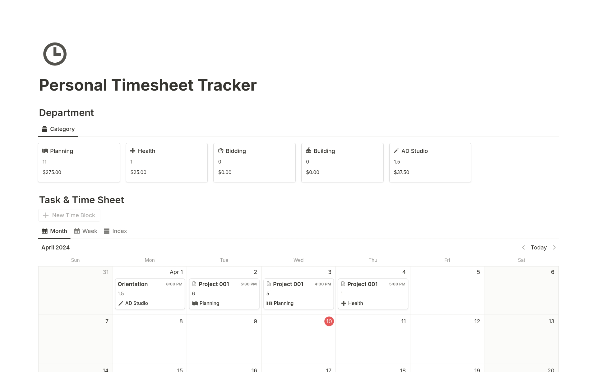 En forhåndsvisning av mal for Personal Timesheet Tracker