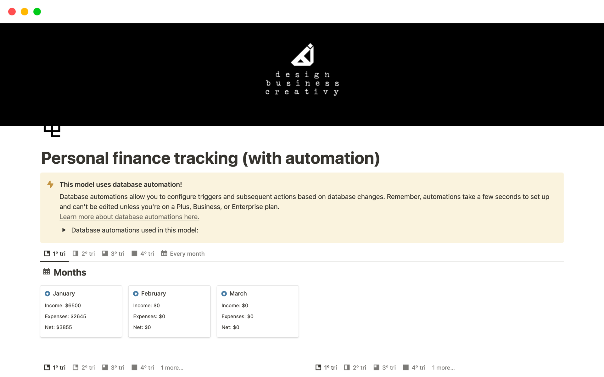 A template preview for Personal finance tracking (with automation)