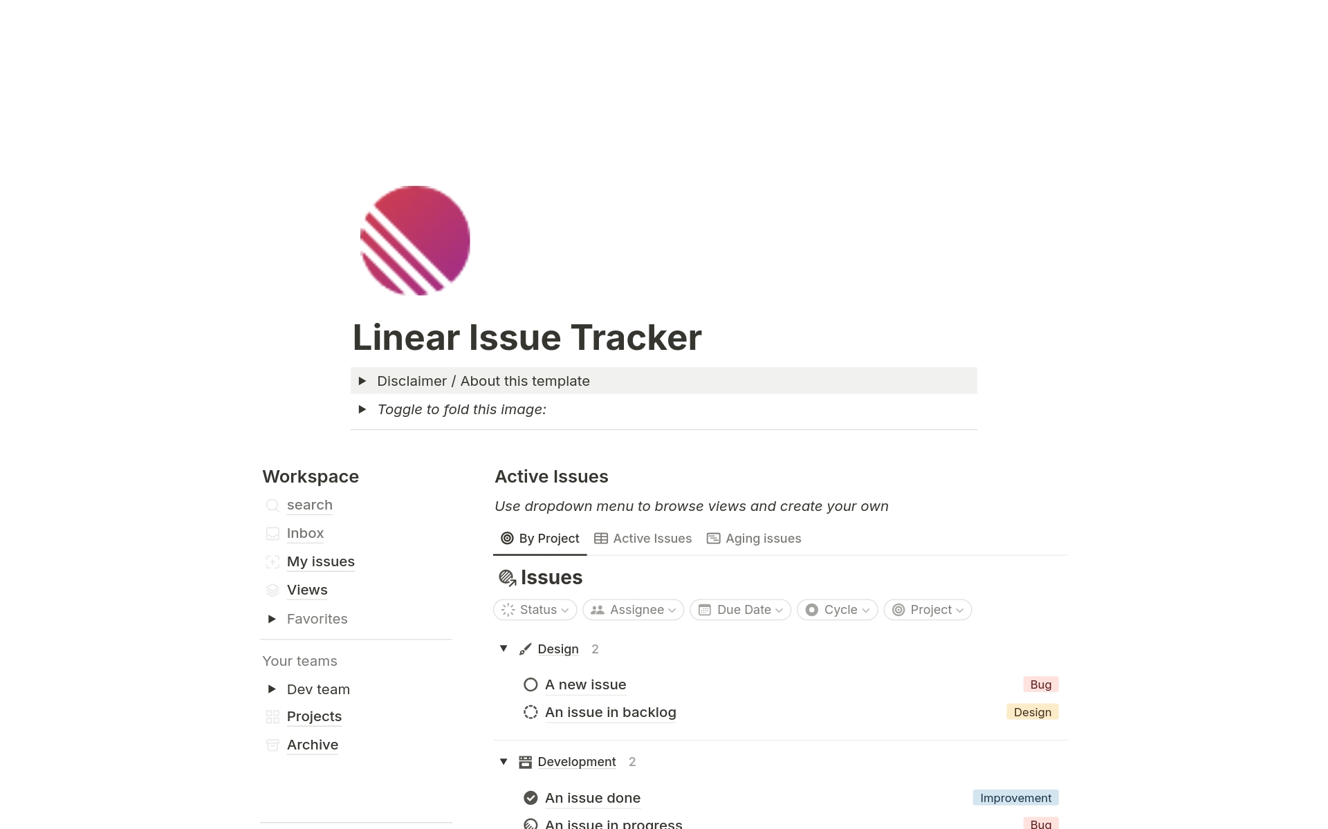 A template preview for Linear Issue Tracker