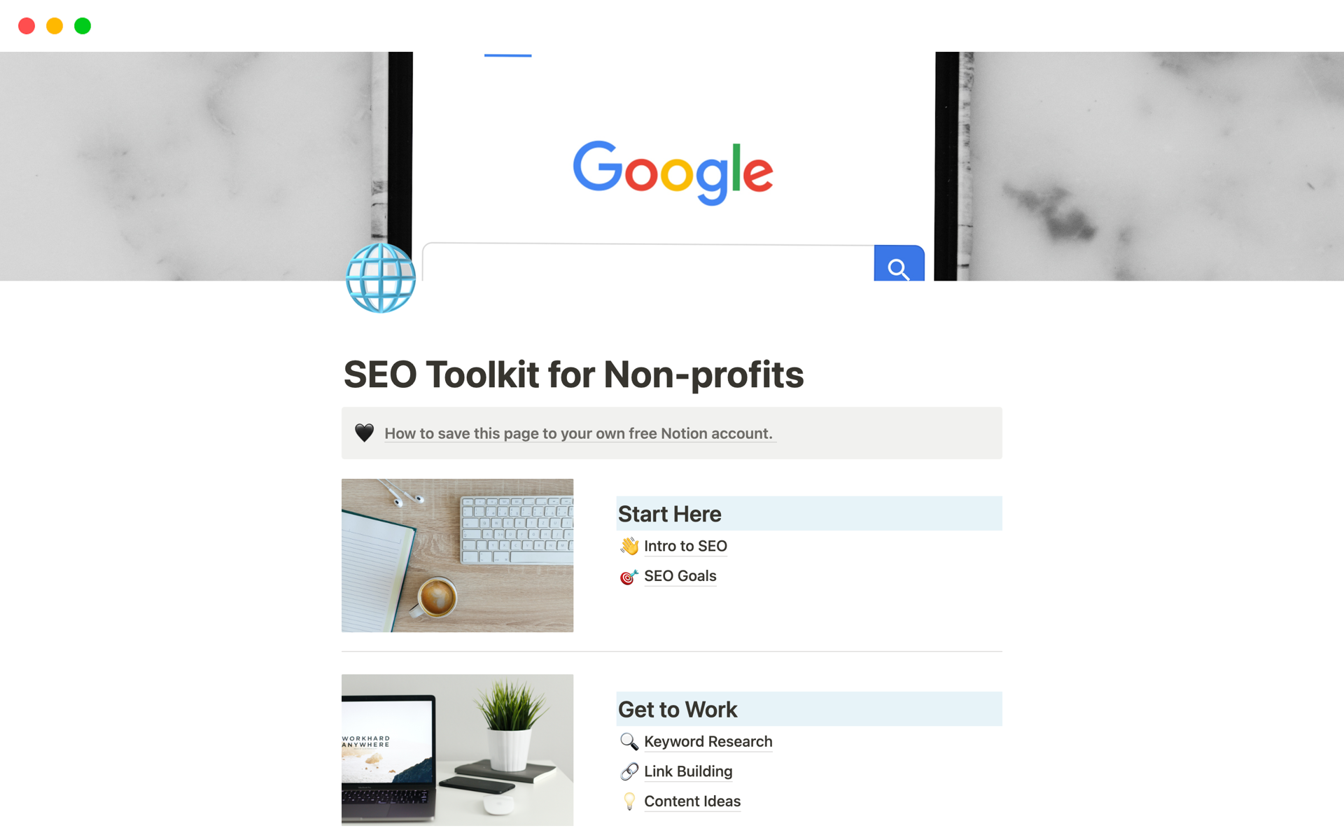 En forhåndsvisning av mal for SEO Toolkit for Non-profits