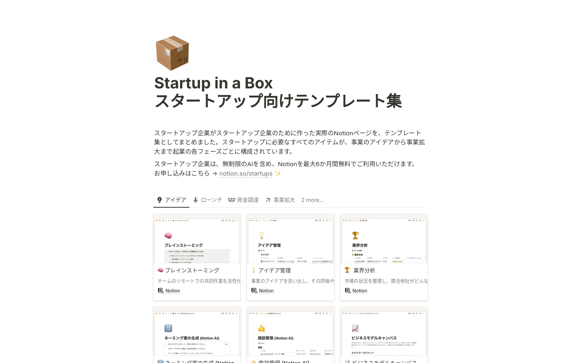 Startup in a Box
スタートアップ向けテンプレート集のテンプレートのプレビュー