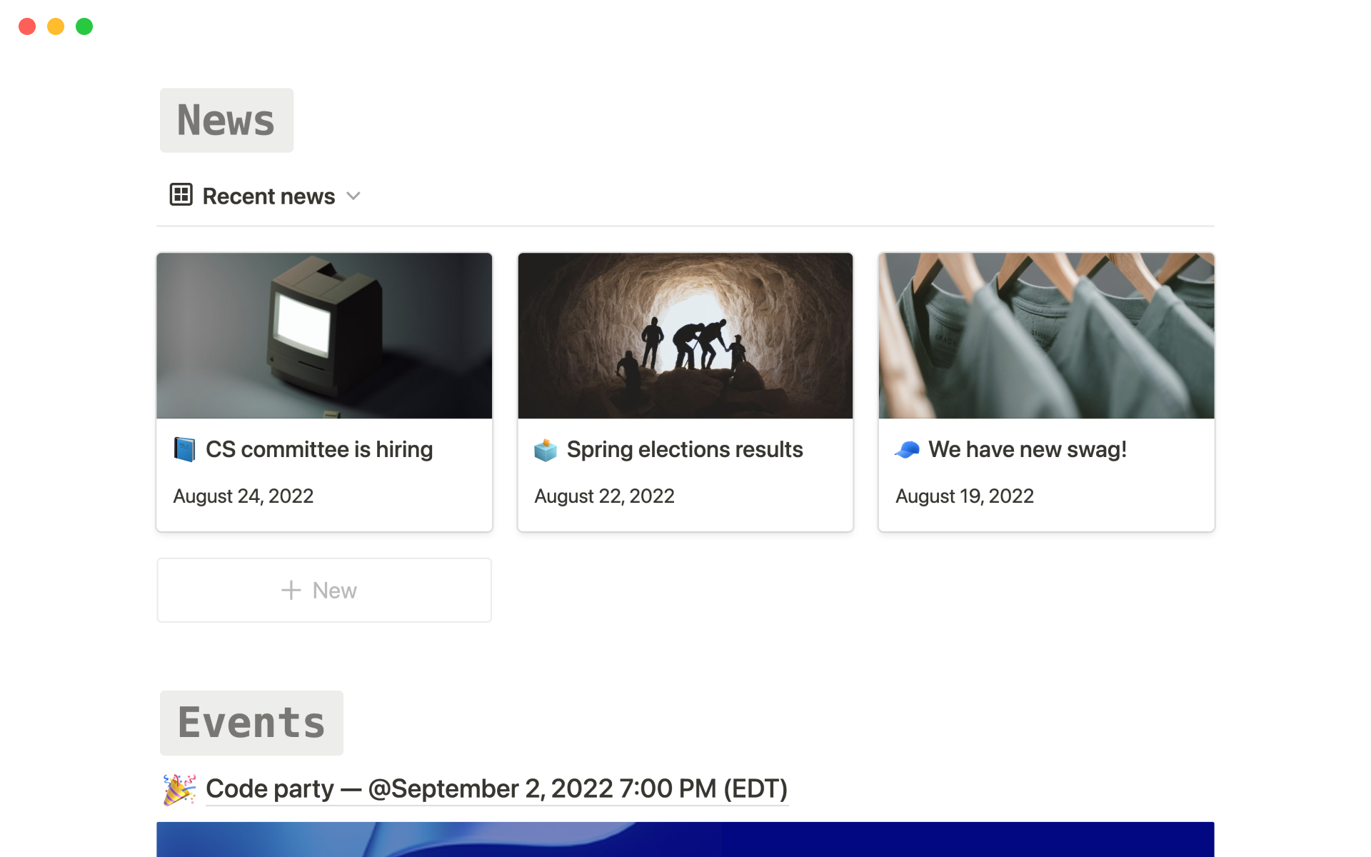 Create a public club home on Notion to host your hackathon events, news, internship guides, coding resources, and more!