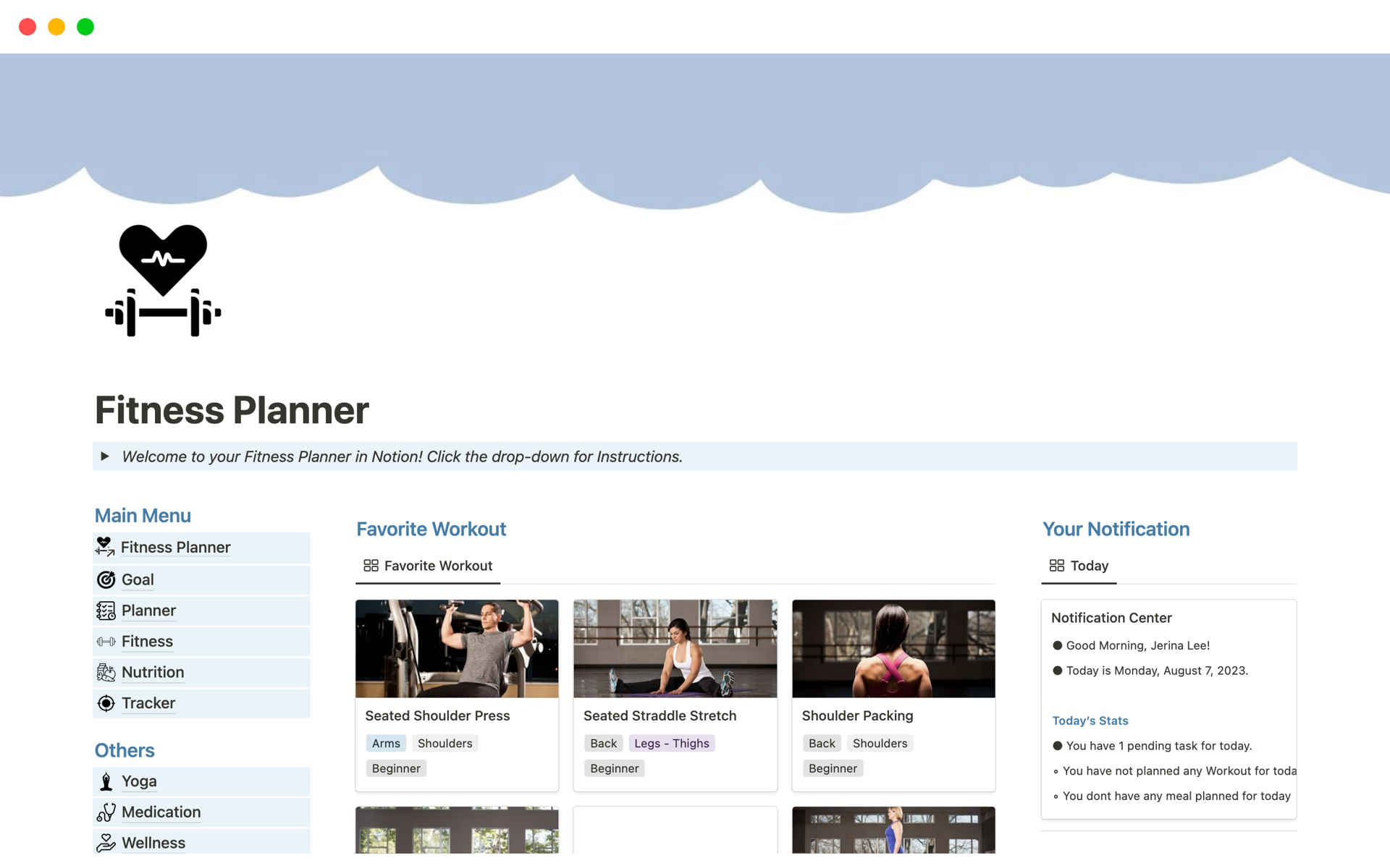 A fitness planner notion template to track Fitness, health, wellness and many more.