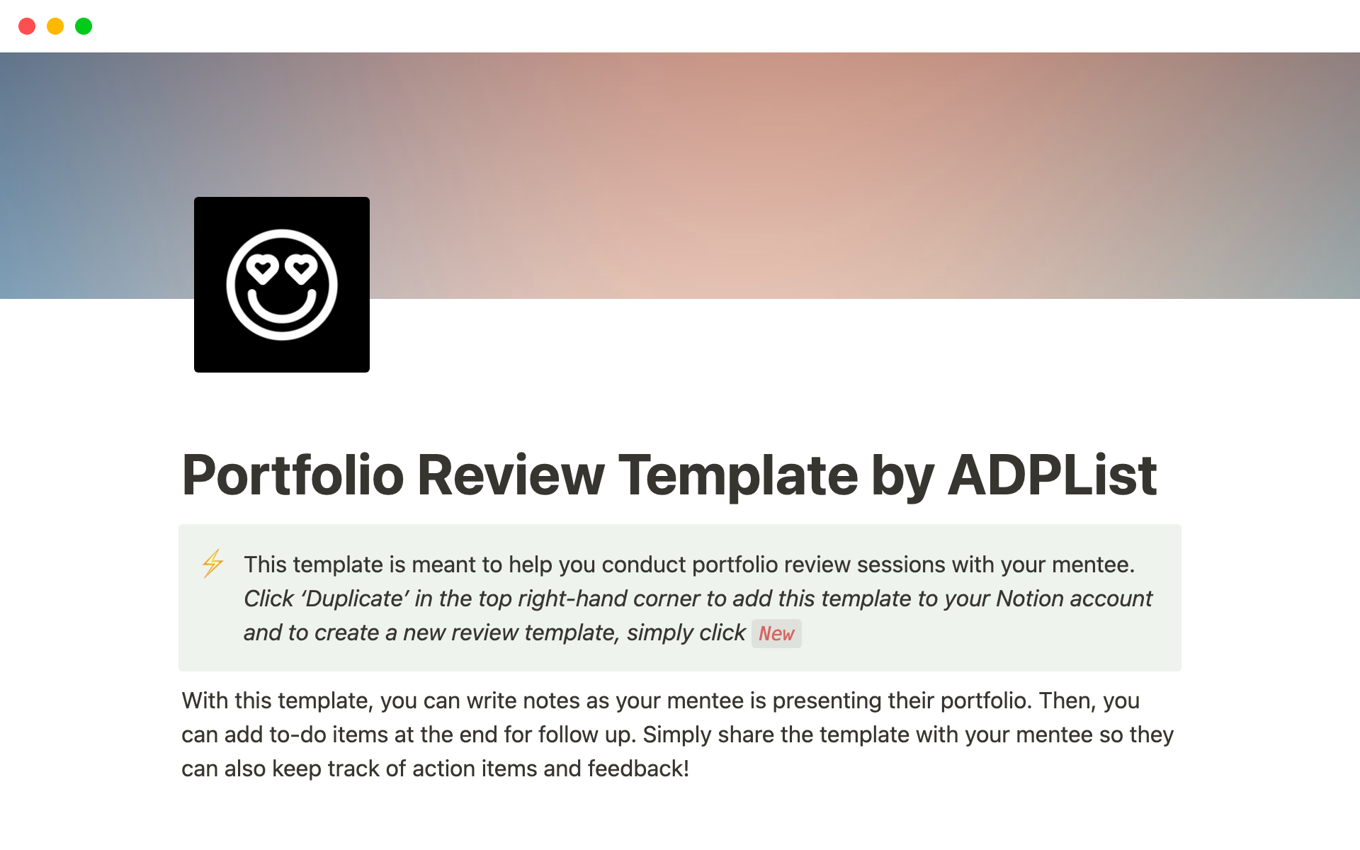 Vista previa de una plantilla para Portfolio Review Template by ADPList