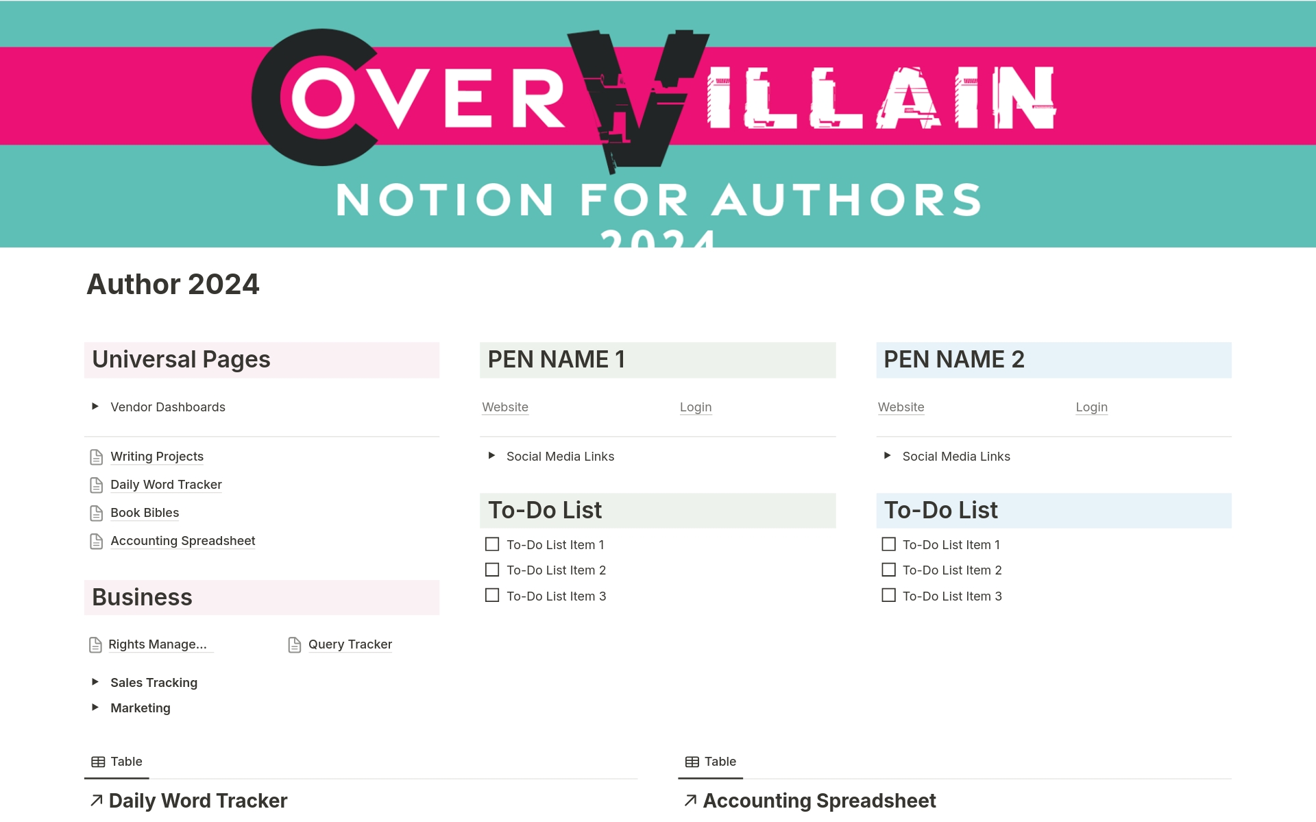 A template preview for Notion for Authors